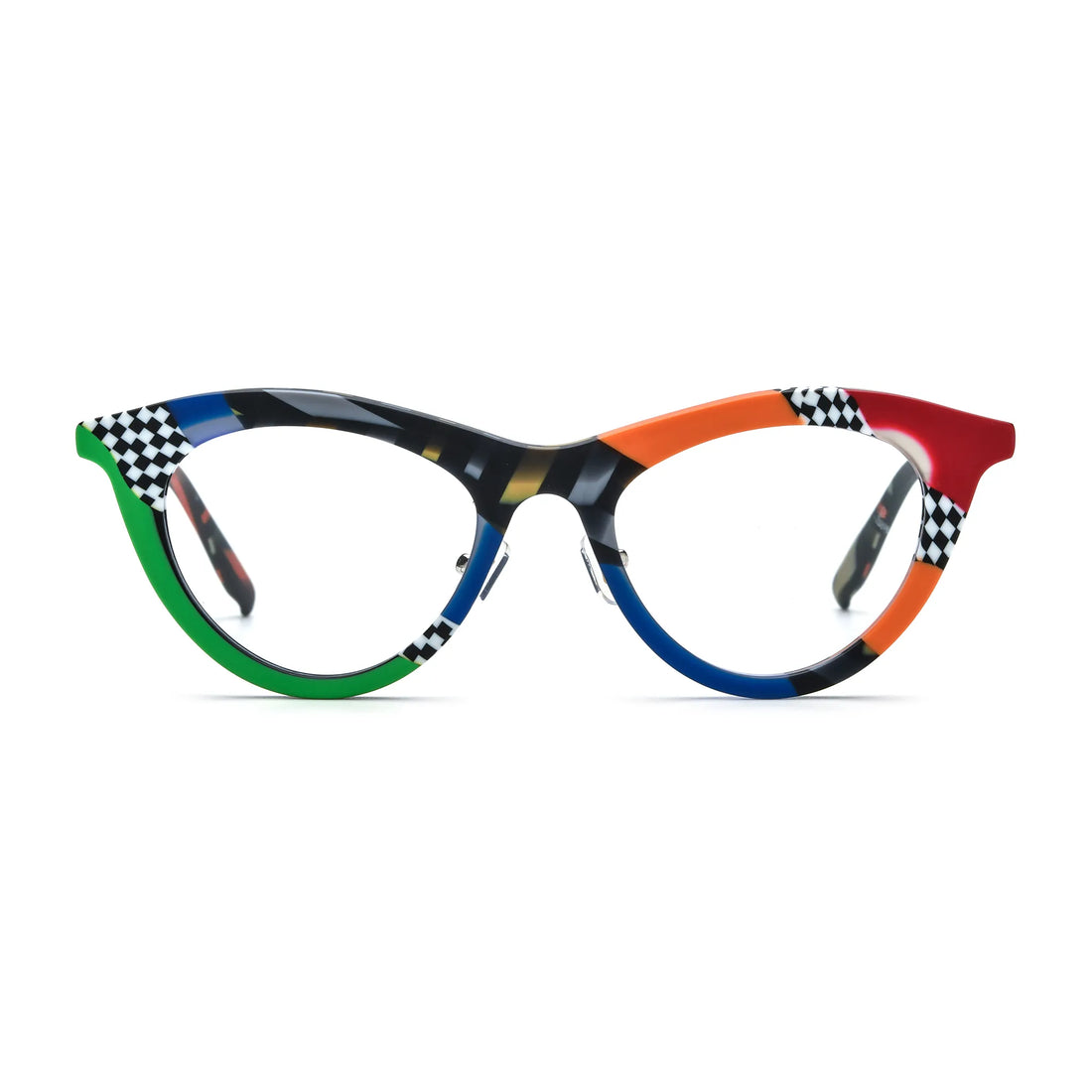 Barledear Checker Clash cat-eye acetate eyeglasses front view with a colorful checkerboard patchwork frame and adjustable nose pads