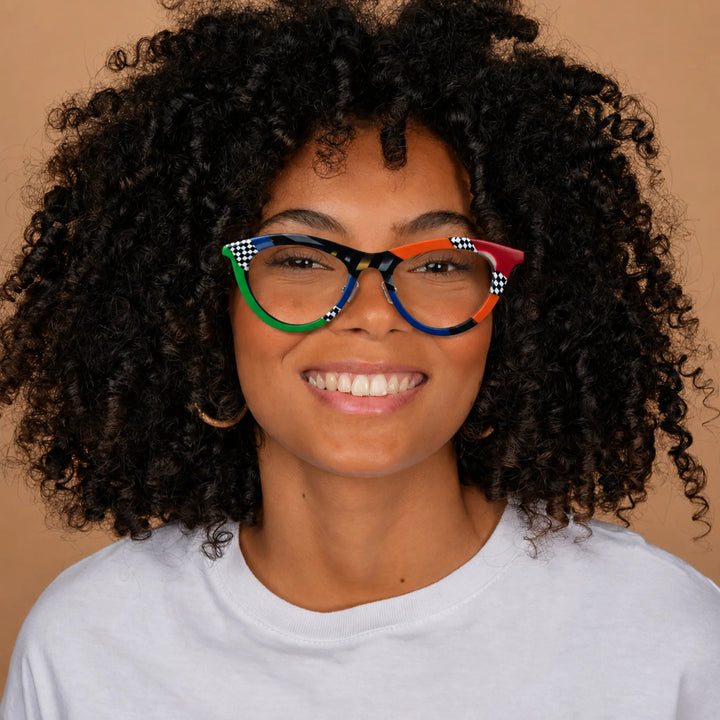 Model wearing Barledear Checker Clash colorful cat-eye acetate eyeglasses in a front-facing lifestyle portrait