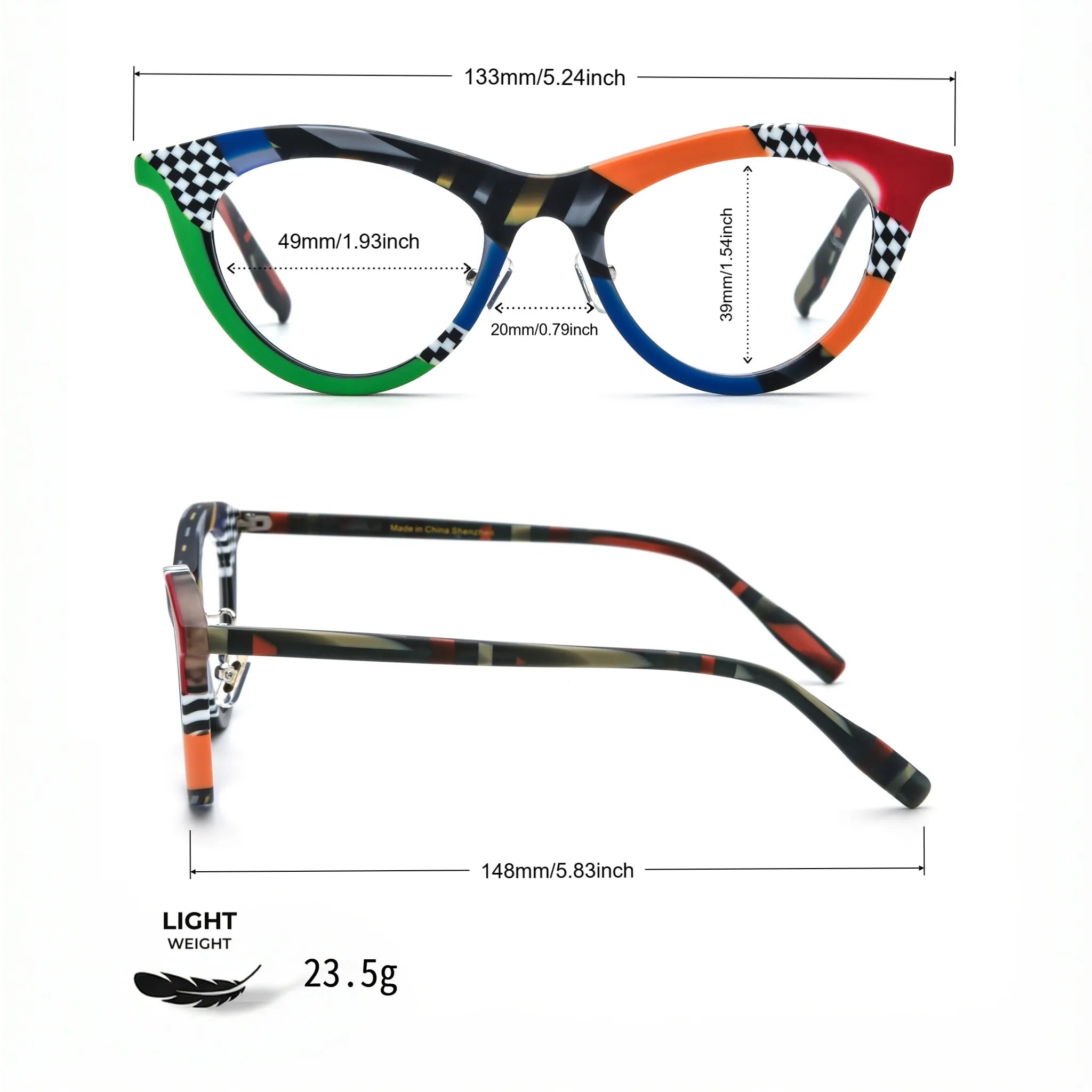 Barledear Checker Clash cat-eye eyeglasses size chart showing 133 mm frame width, 49 mm lens width, 39 mm lens height, 20 mm bridge, and 148 mm temples