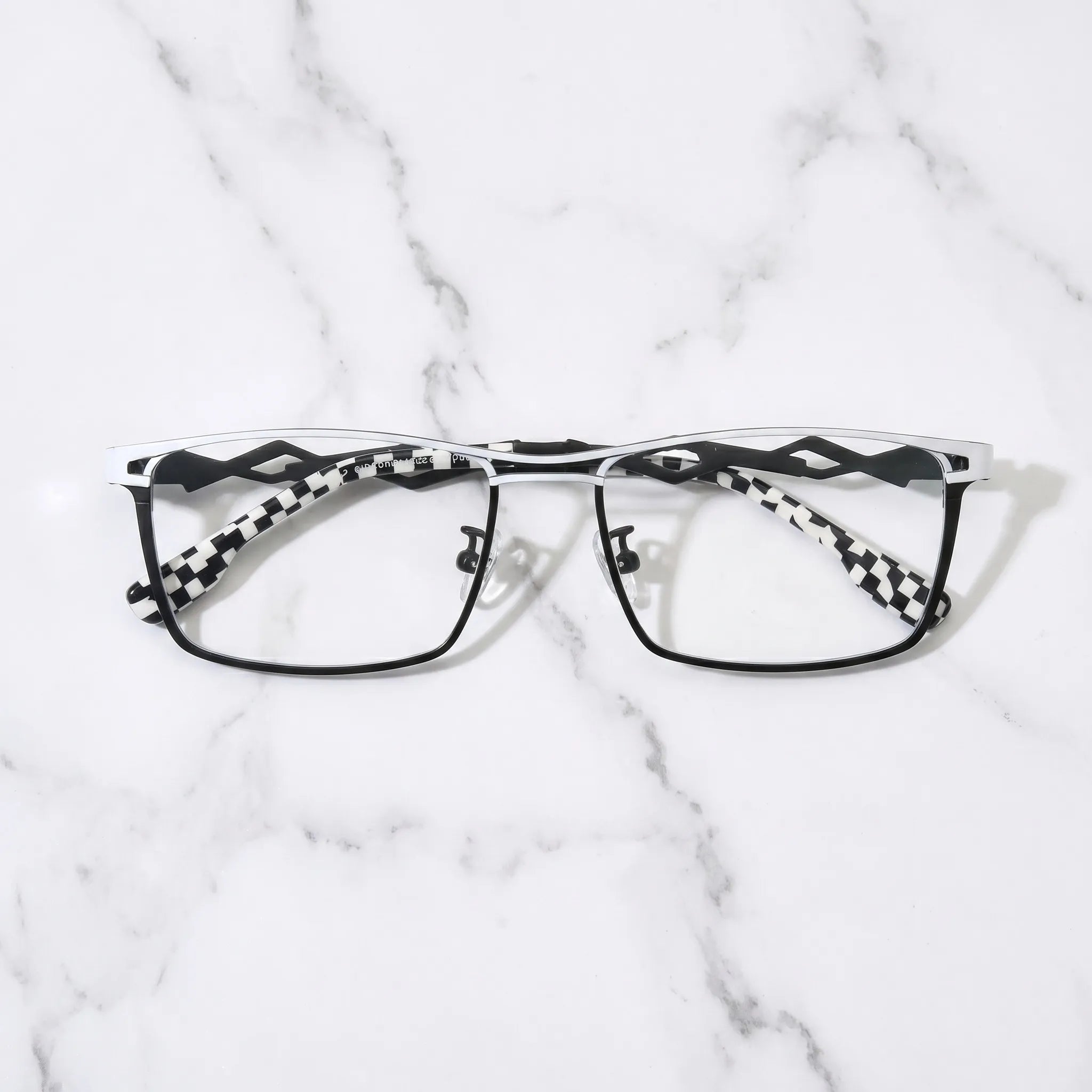 Barledear Checkerboard Ivory Black eyeglasses folded display showing geometric temples and checkerboard temple tips