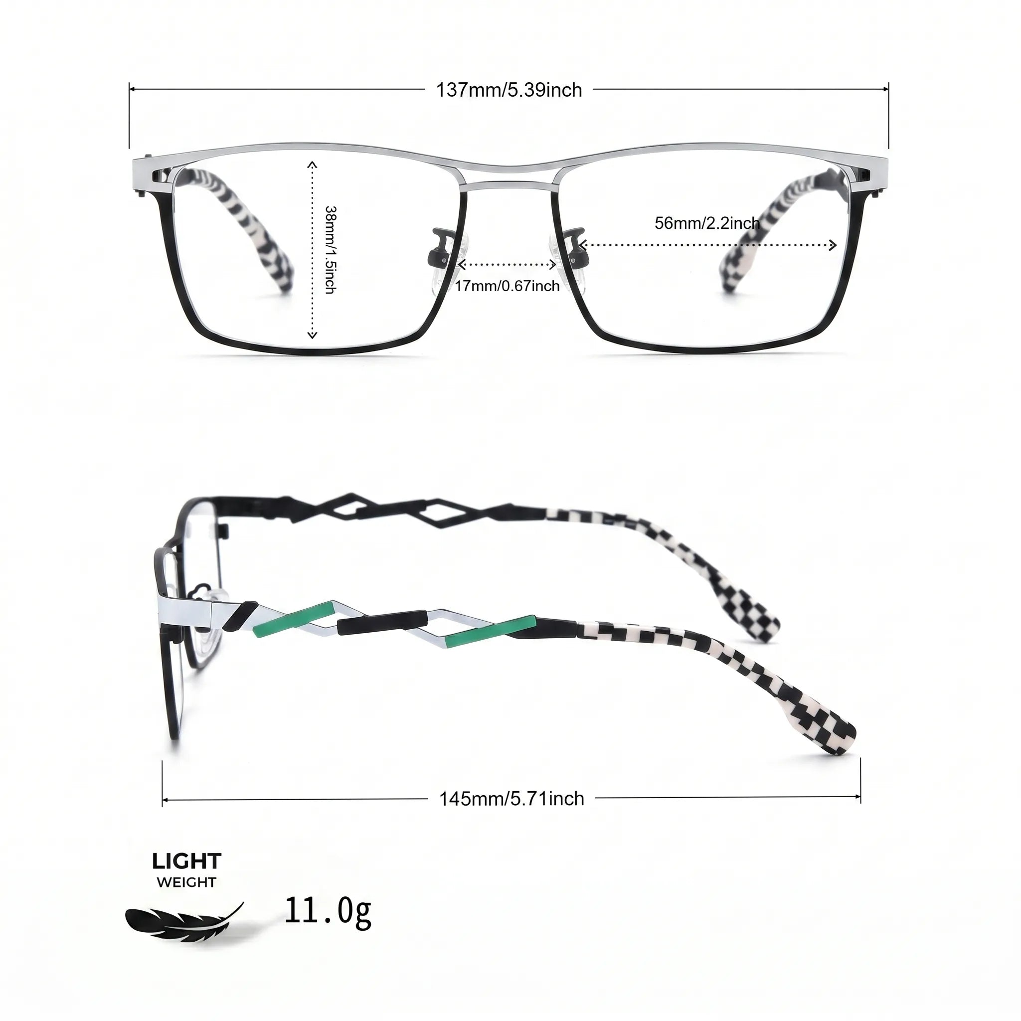 Barledear Checkerboard Ivory Black eyeglasses size chart with 137 mm frame width, 56 mm lens width, 38 mm lens height, 17 mm bridge, and 145 mm temple