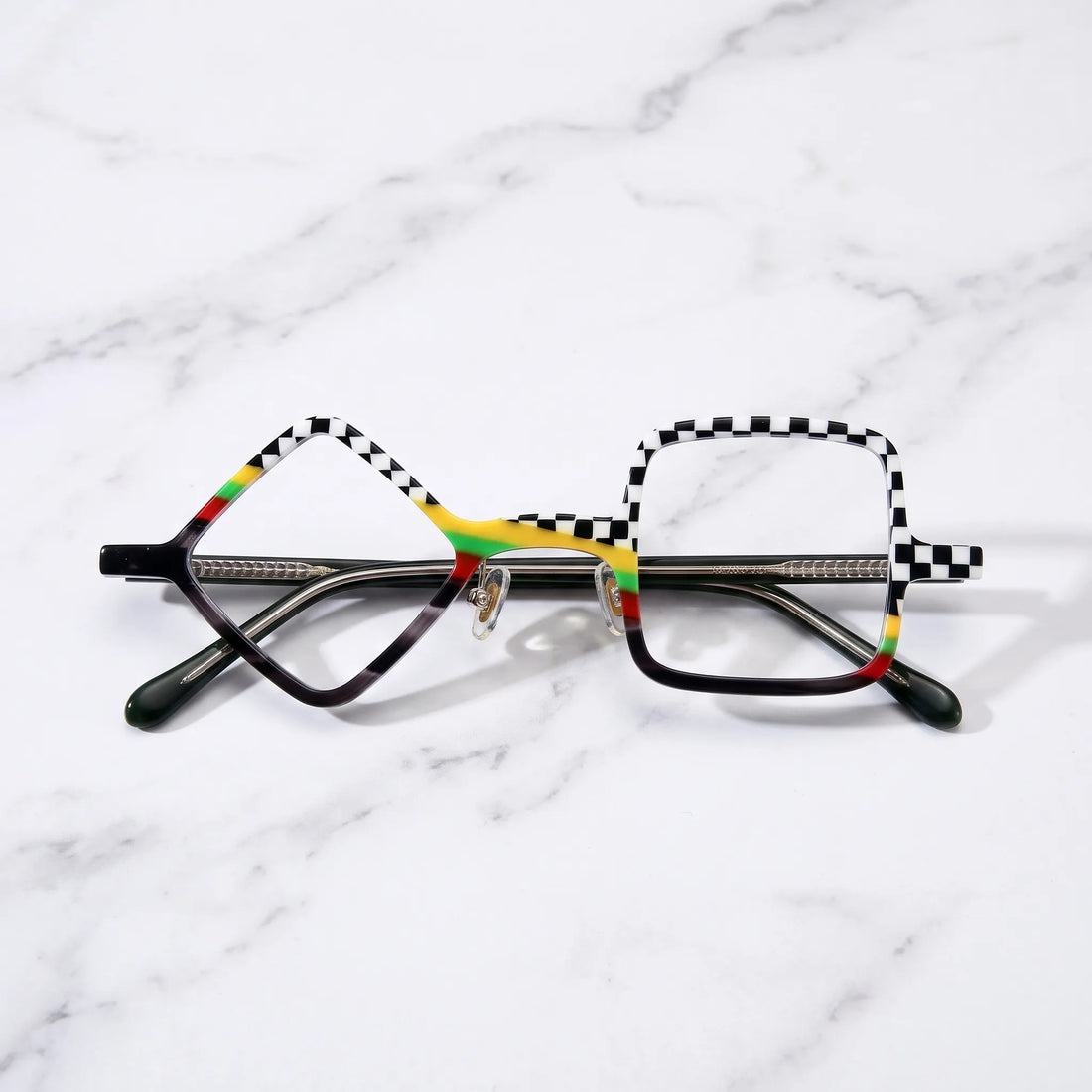 Barledear Checkerboard Spectrum asymmetric geometric acetate eyeglasses folded display showing the full-rim frame, adjustable nose pads, metal hinges, and deep green temples.