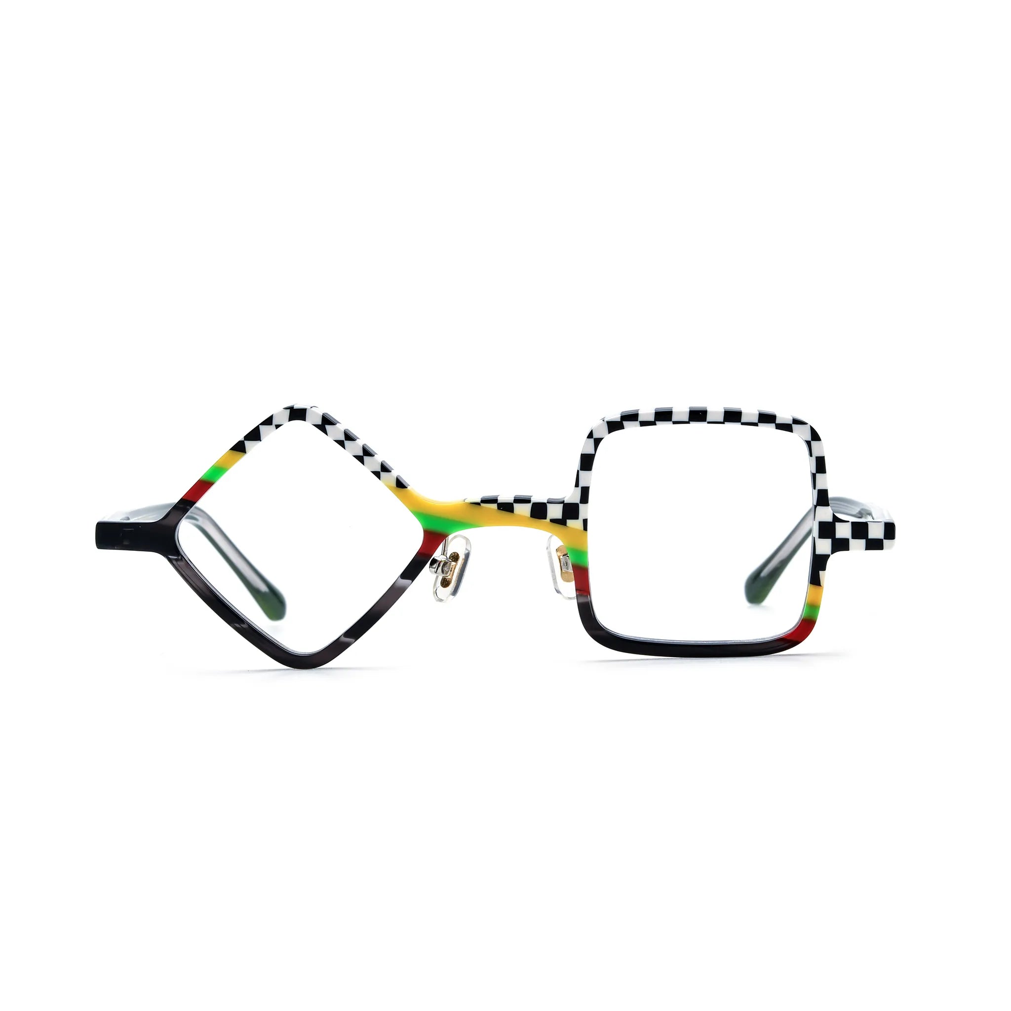 Barledear Checkerboard Spectrum asymmetric geometric acetate eyeglasses front view with black and white checkerboard details, rainbow accents, and mismatched diamond and square lens shapes.