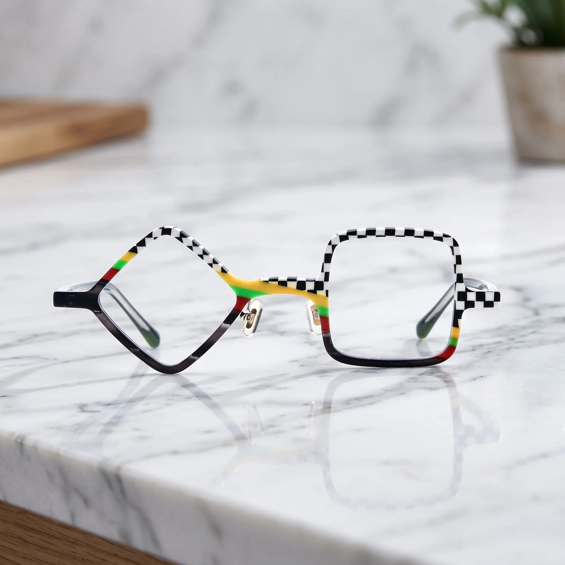 Barledear Checkerboard Spectrum asymmetric geometric acetate eyeglasses shown in a clean lifestyle front display with bold checkerboard and rainbow color blocking.