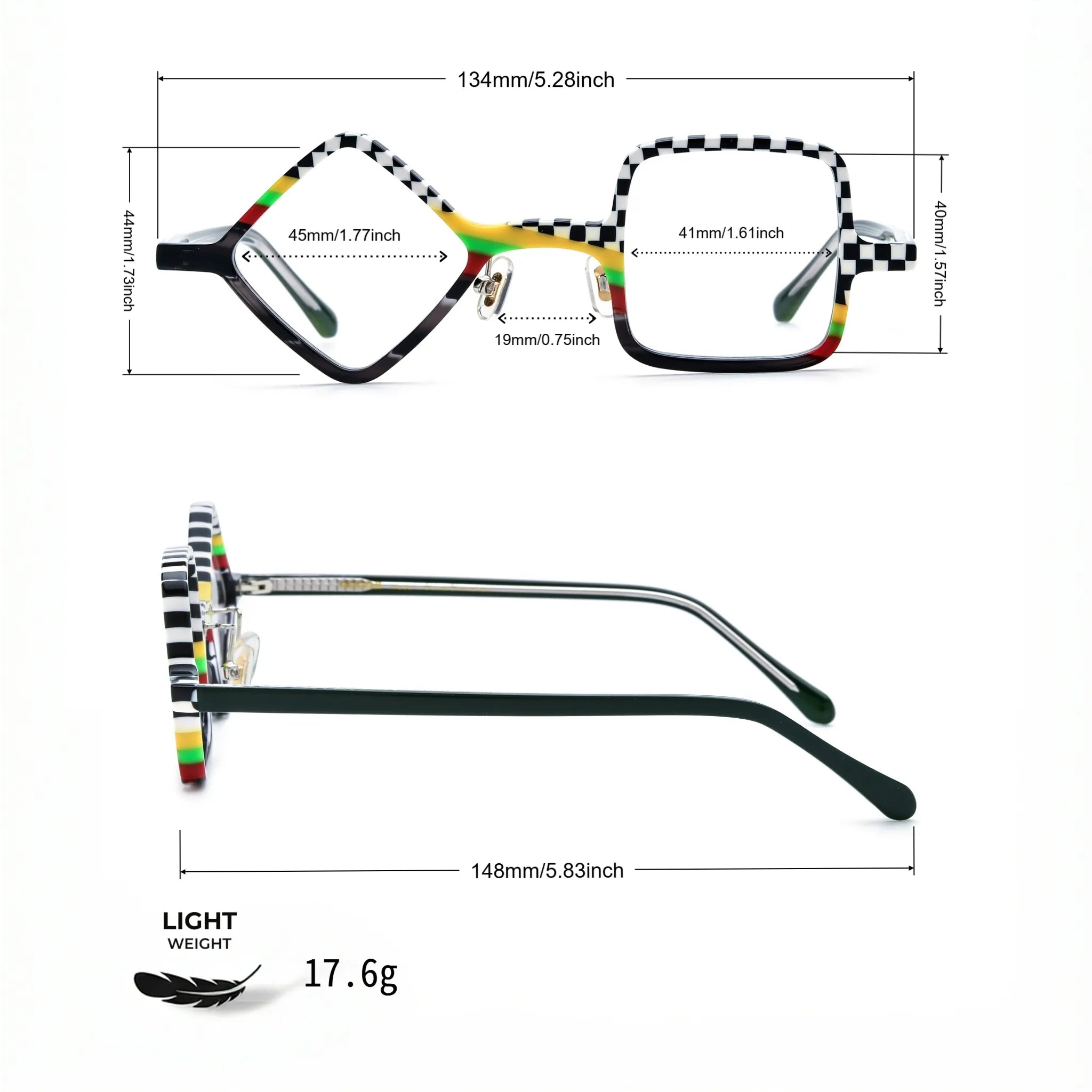 Barledear Checkerboard Spectrum eyeglasses size chart with 134 mm frame width, 45 mm left lens width, 44 mm left lens height, 41 mm right lens width, 40 mm right lens height, 19 mm bridge, 148 mm temples, and 17.6 g weight.