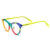 Barledear Citrus Carnival cat-eye acetate eyeglasses angled side view showing the color-blocked frame and translucent neon yellow temples