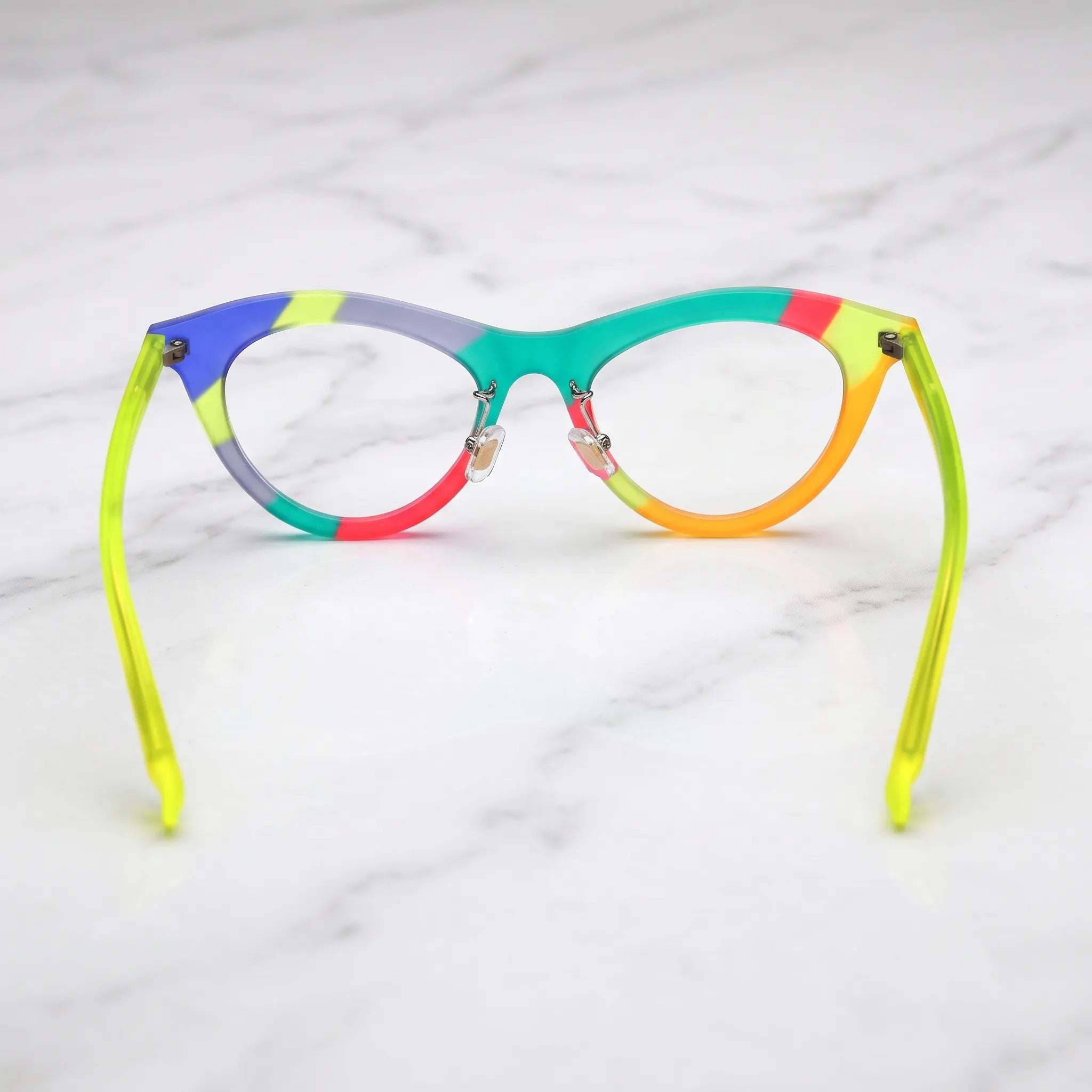 Barledear Citrus Carnival cat-eye eyeglasses back view showing the adjustable nose pads, full-rim construction, and neon yellow temples