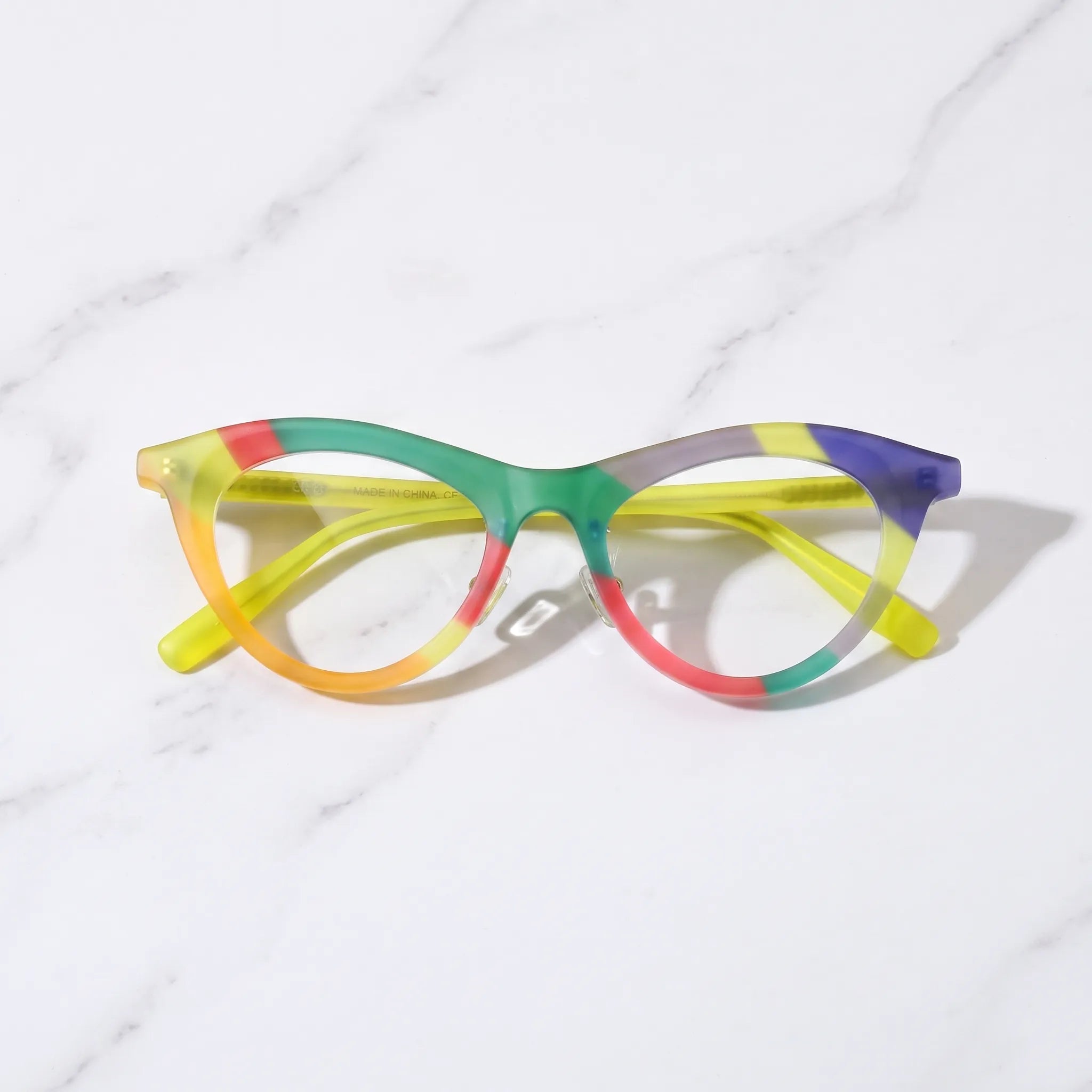 Barledear Citrus Carnival cat-eye eyeglasses folded display showing the colorful acetate frame and neon yellow temples