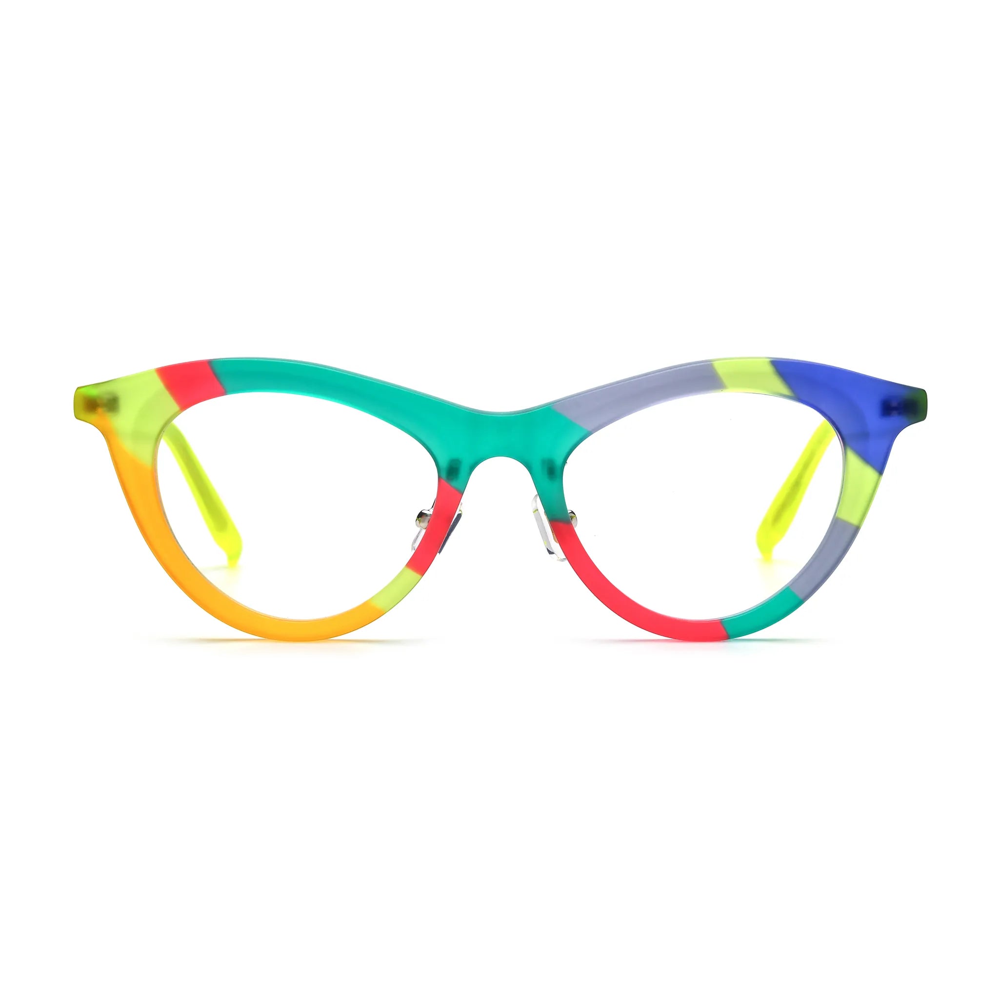 Barledear Citrus Carnival cat-eye acetate eyeglasses front view with turquoise, orange, coral, purple, and neon yellow color blocking