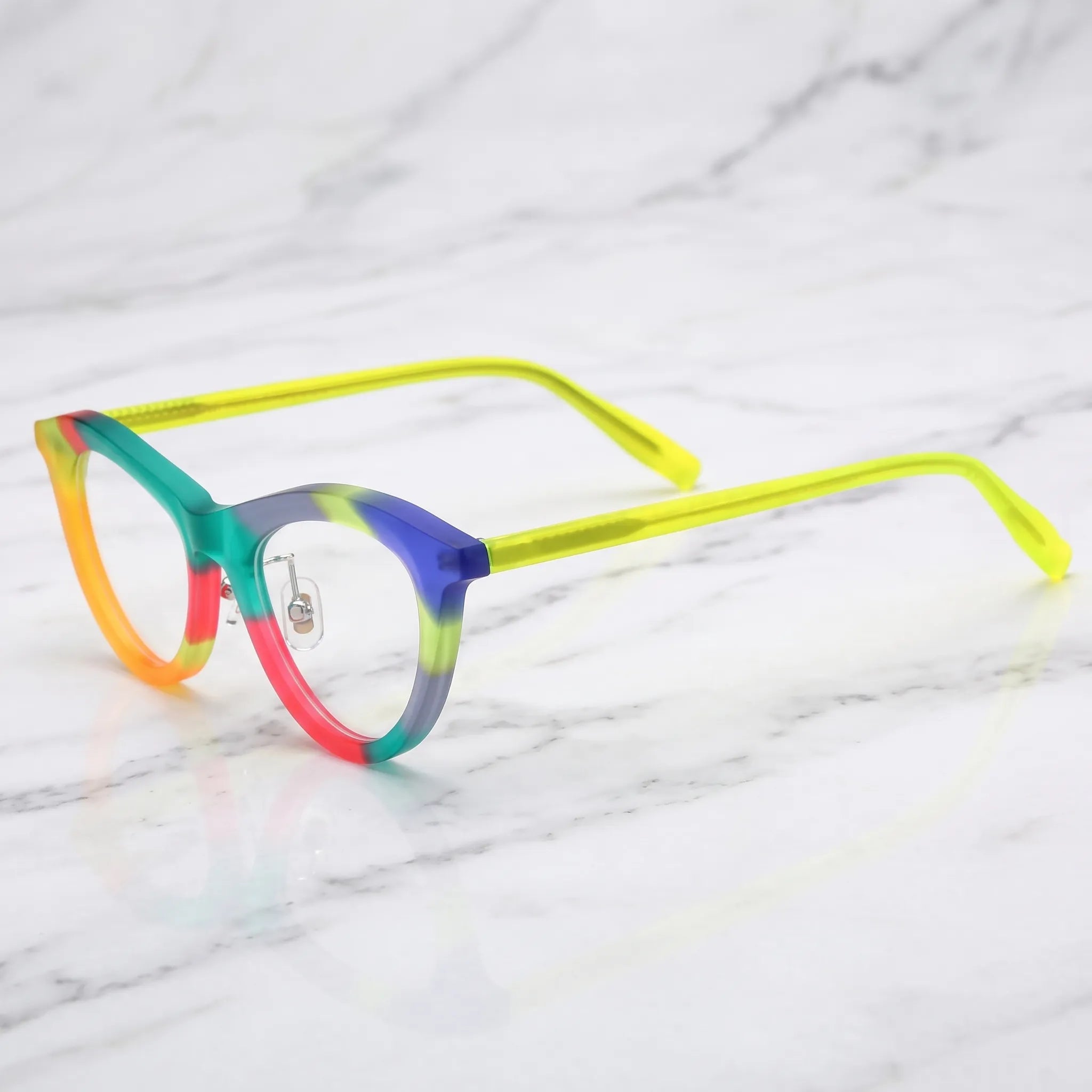 Barledear Citrus Carnival cat-eye acetate eyeglasses angled side view showing the color-blocked frame and translucent neon yellow temples