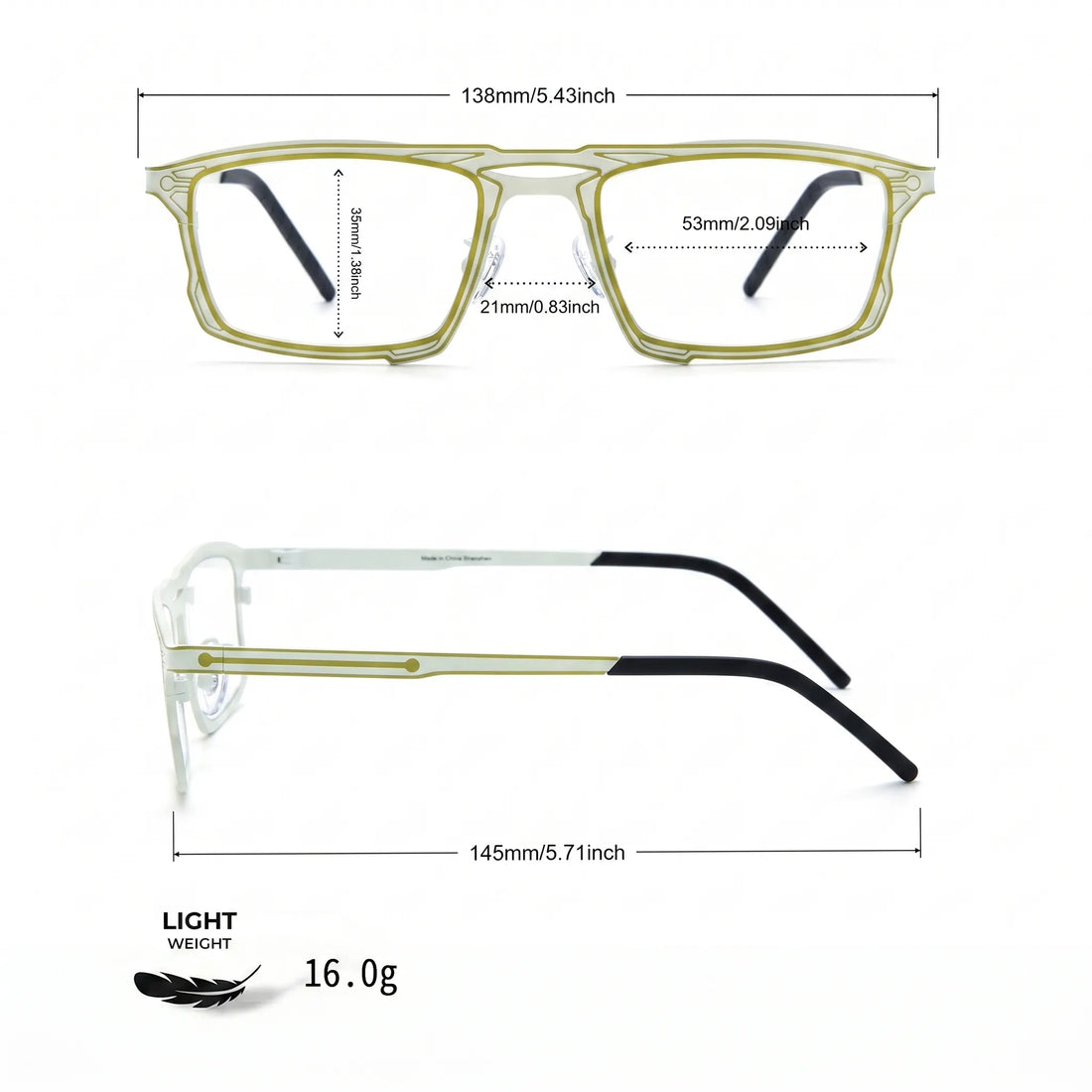 Barledear Citrus Ivory eyeglasses size chart showing 138 mm frame width, 53 mm lens width, 35 mm lens height, 21 mm bridge, and 145 mm temple length