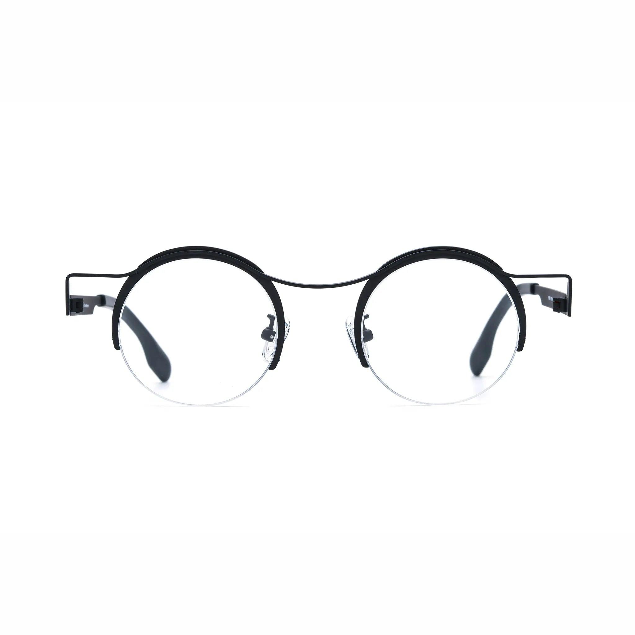 Barledear Classic Noir eyeglasses front view with lightweight round pure titanium semi-rimless frame and clean black finish