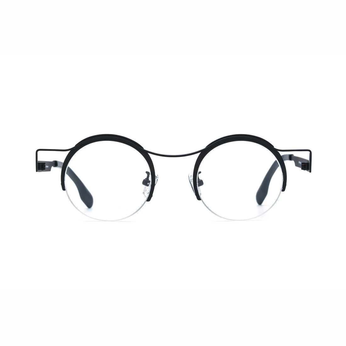 Barledear Classic Noir eyeglasses front view with lightweight round pure titanium semi-rimless frame and clean black finish