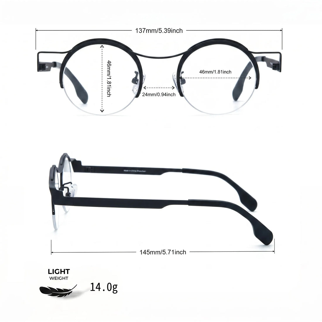 Barledear Classic Noir eyeglasses size chart with 137mm frame width, 46mm lens width, 24mm bridge, 145mm temple length, and 14.0g weight