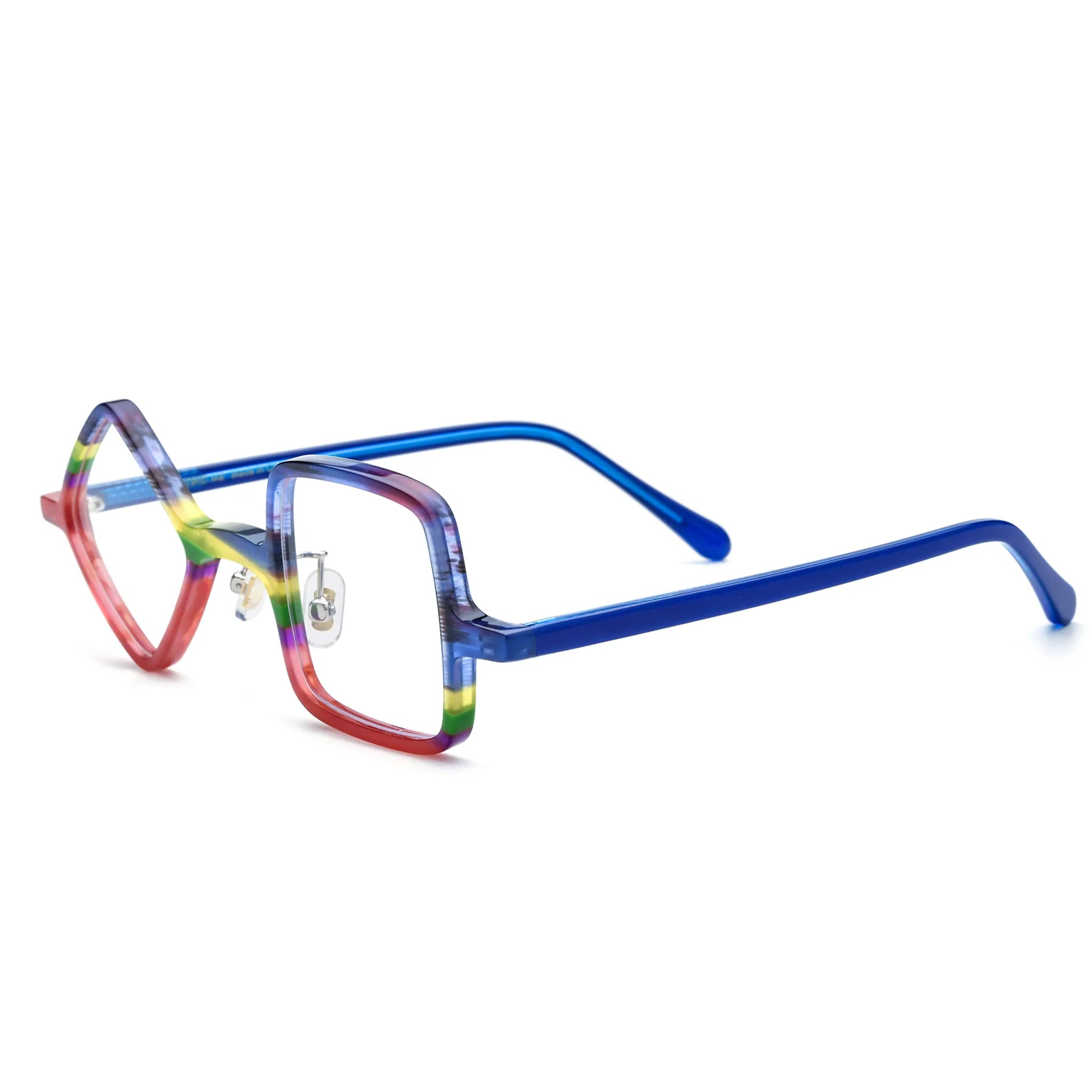Barledear Cobalt Crimson asymmetric geometric acetate eyeglasses angled side view showing the layered red and blue frame, metal hinges, and slim cobalt temples.