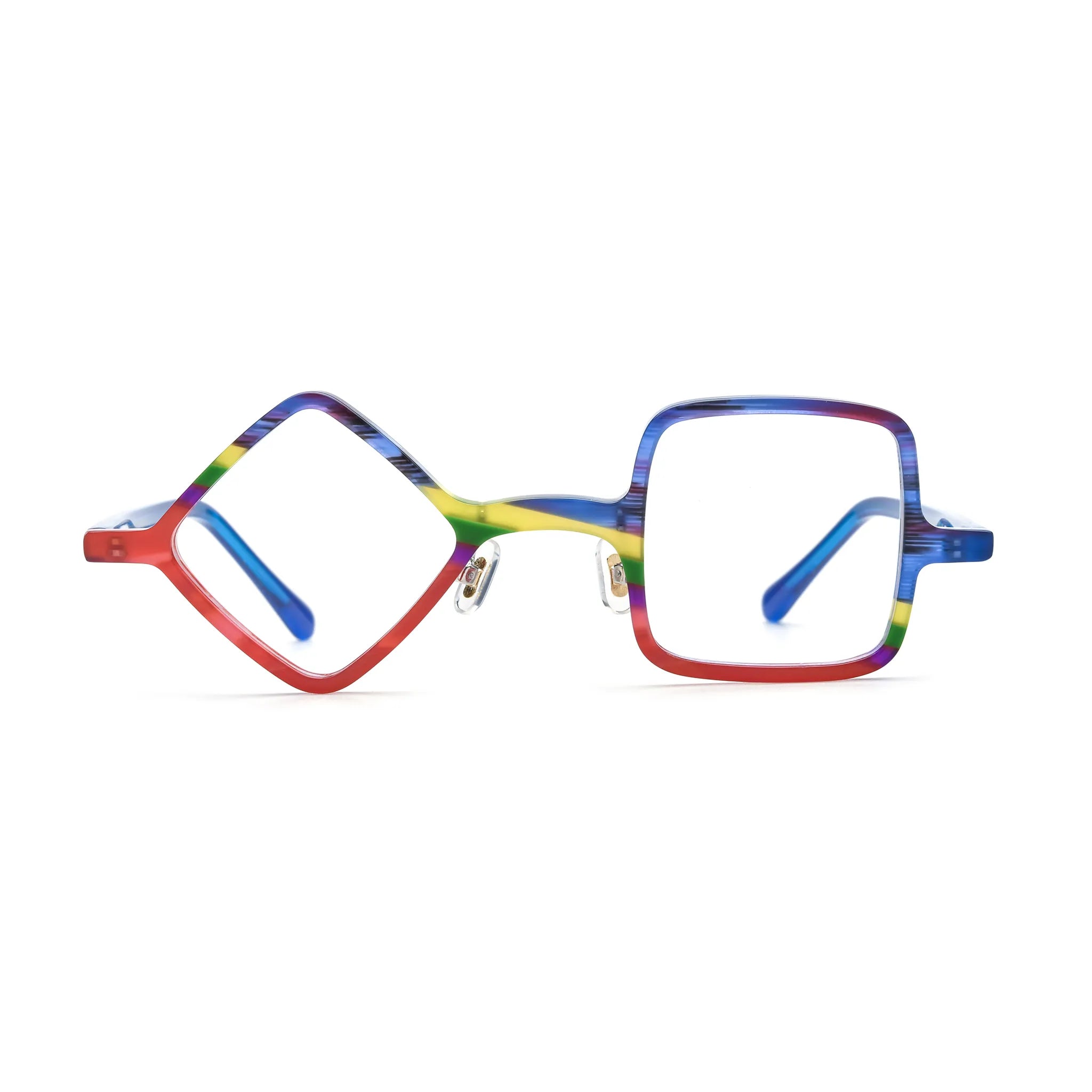 Barledear Cobalt Crimson asymmetric geometric acetate eyeglasses front view with blue, crimson, purple, yellow, and green patterns and mismatched lens shapes.