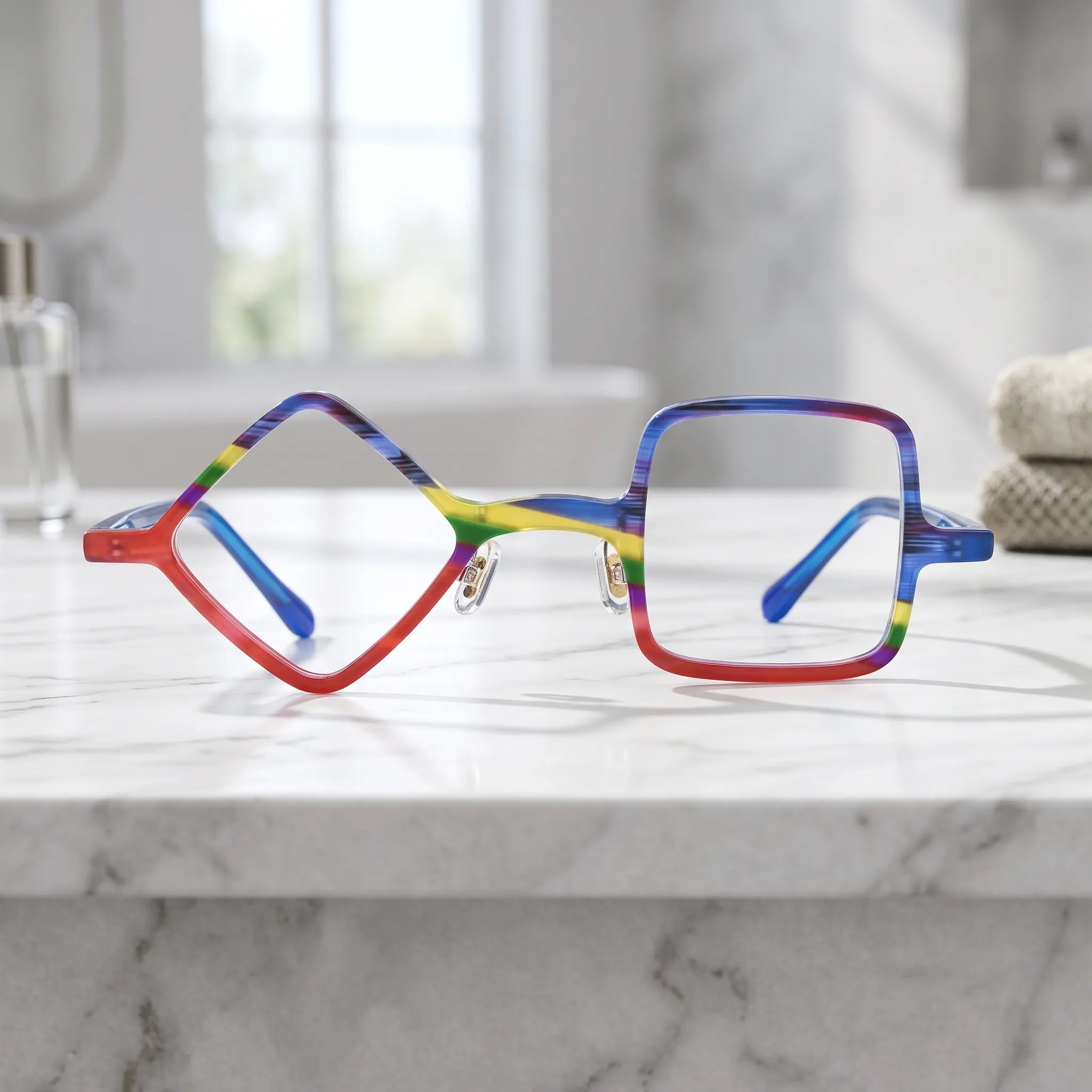 Barledear Cobalt Crimson asymmetric geometric acetate eyeglasses shown in a clean lifestyle front display with saturated red and blue color blocking.
