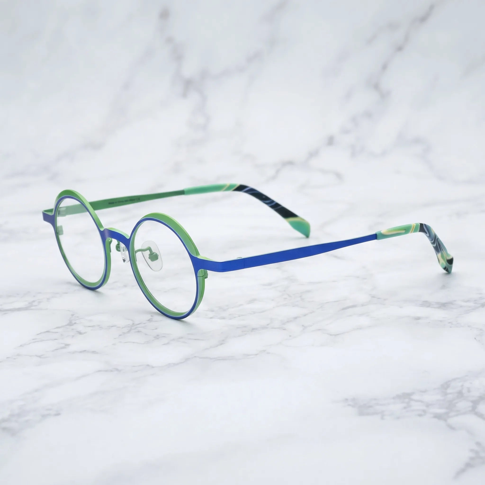 Barledear Cobalt Jade round pure titanium eyeglasses angled side view showing slim temples bridge construction and patterned temple tips