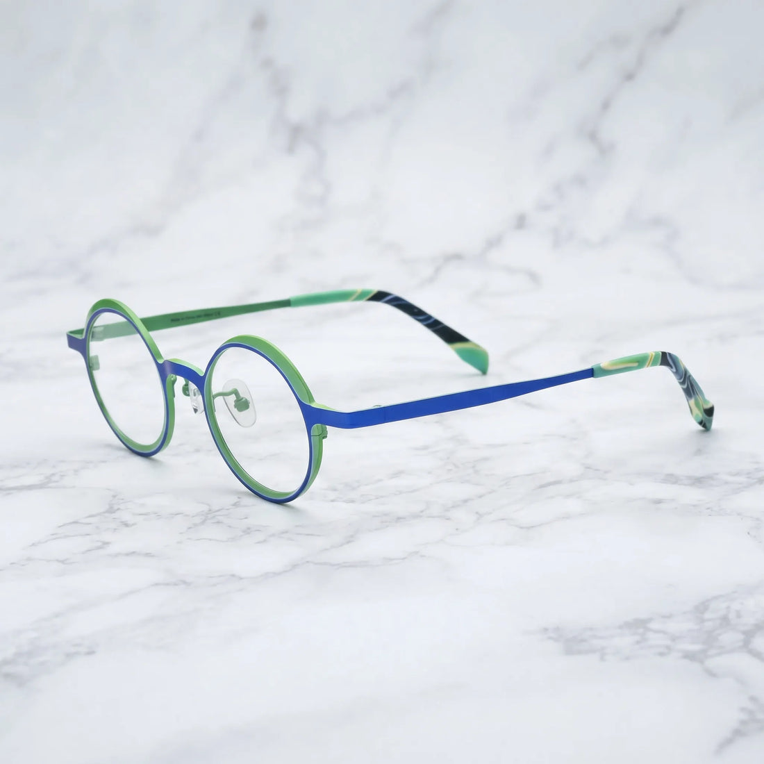 Barledear Cobalt Jade round pure titanium eyeglasses angled side view showing slim temples bridge construction and patterned temple tips