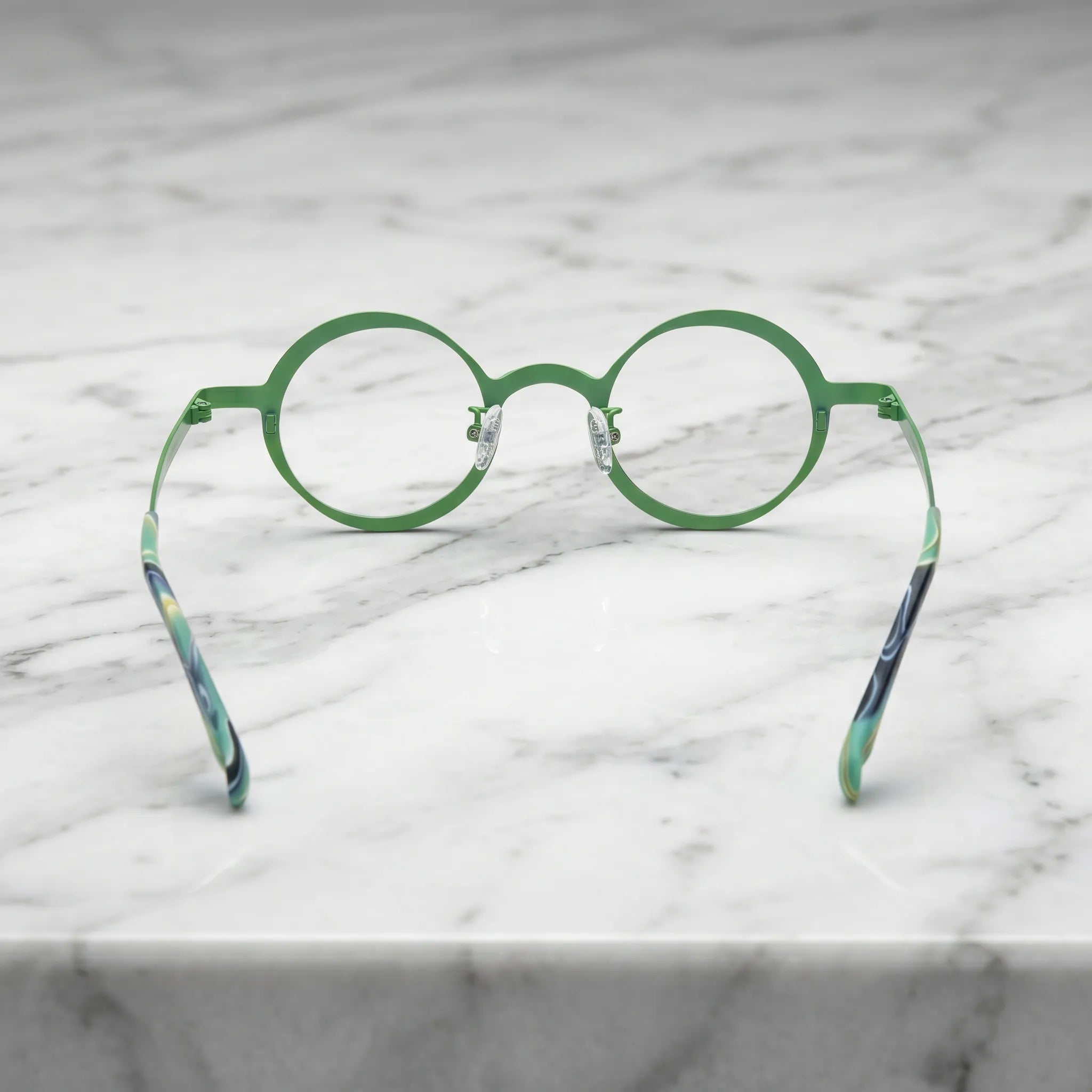 Barledear Cobalt Jade round pure titanium eyeglasses back view showing the full-rim structure adjustable silicone nose pads and temple shape