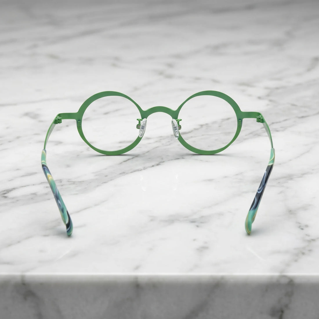 Barledear Cobalt Jade round pure titanium eyeglasses back view showing the full-rim structure adjustable silicone nose pads and temple shape