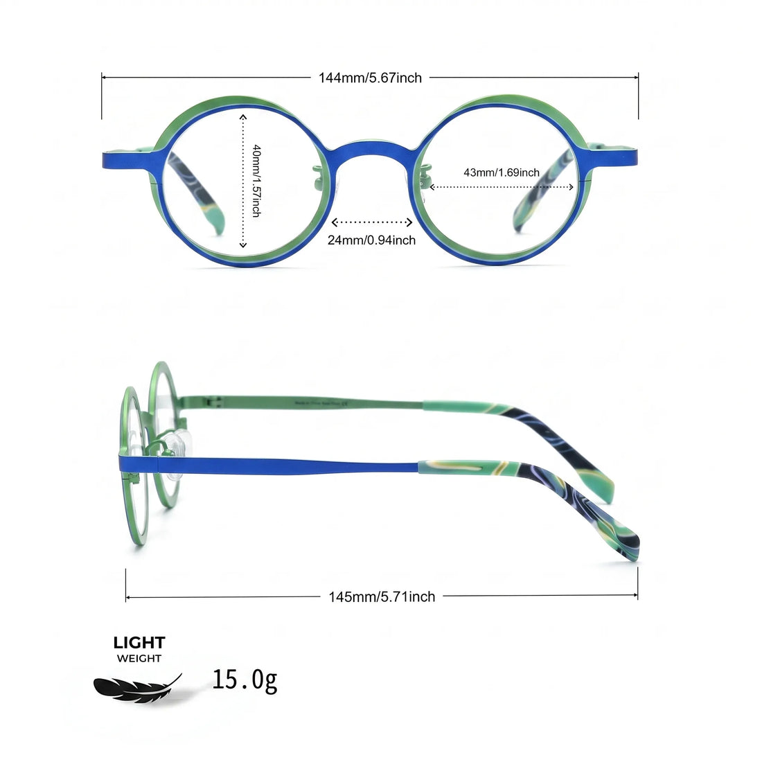 Barledear Cobalt Jade round pure titanium eyeglasses size chart with 144 mm frame width 43 mm lens width 40 mm lens height 24 mm bridge and 145 mm temple length