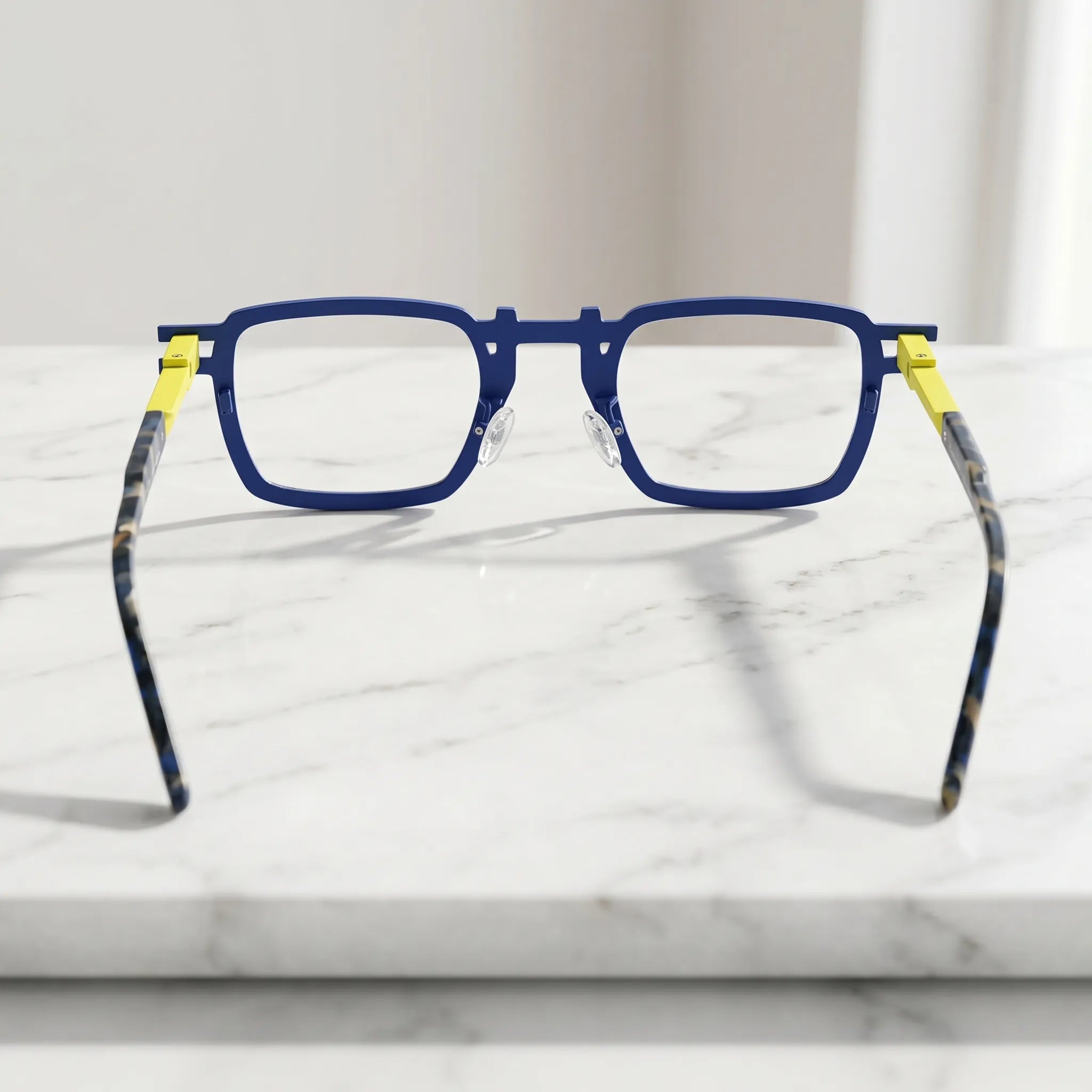 Barledear Cobalt Lemon Mosaic eyeglasses back view showing temple shape, full-rim square frame, and colorful geometric construction