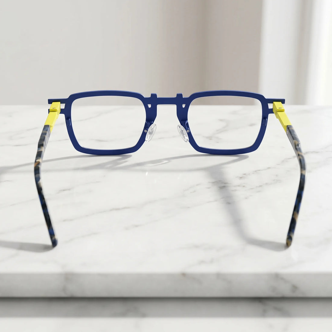 Barledear Cobalt Lemon Mosaic eyeglasses back view showing temple shape, full-rim square frame, and colorful geometric construction