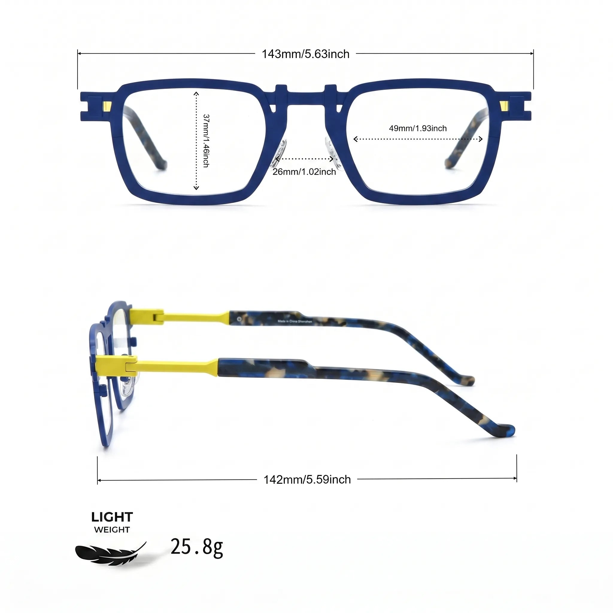 Barledear Cobalt Lemon Mosaic eyeglasses size chart showing 143 mm frame width, 49 mm lens width, 37 mm lens height, 26 mm bridge, and 142 mm temple length