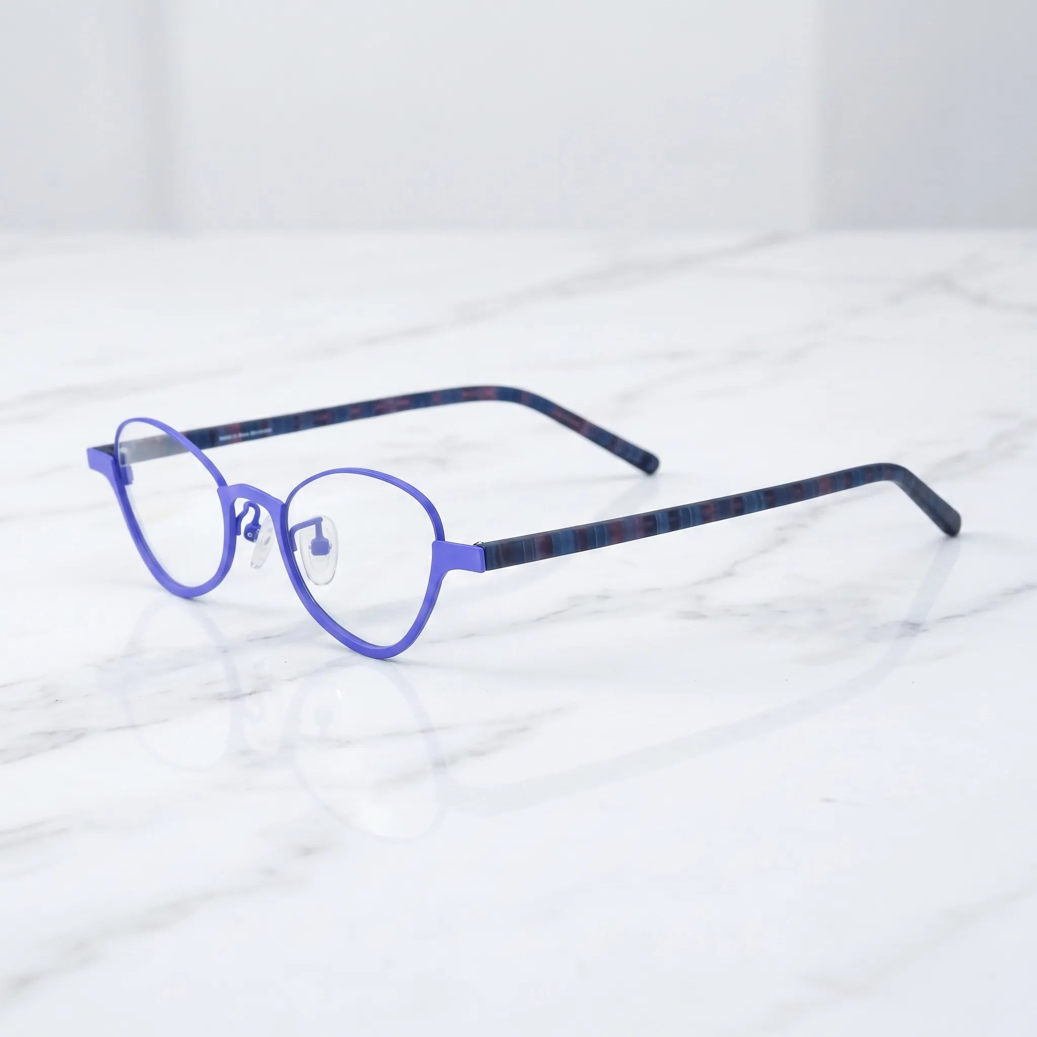 Barledear Cobalt Mosaic eyeglasses angled side view showing slim patterned temples nose pads and bridge detail