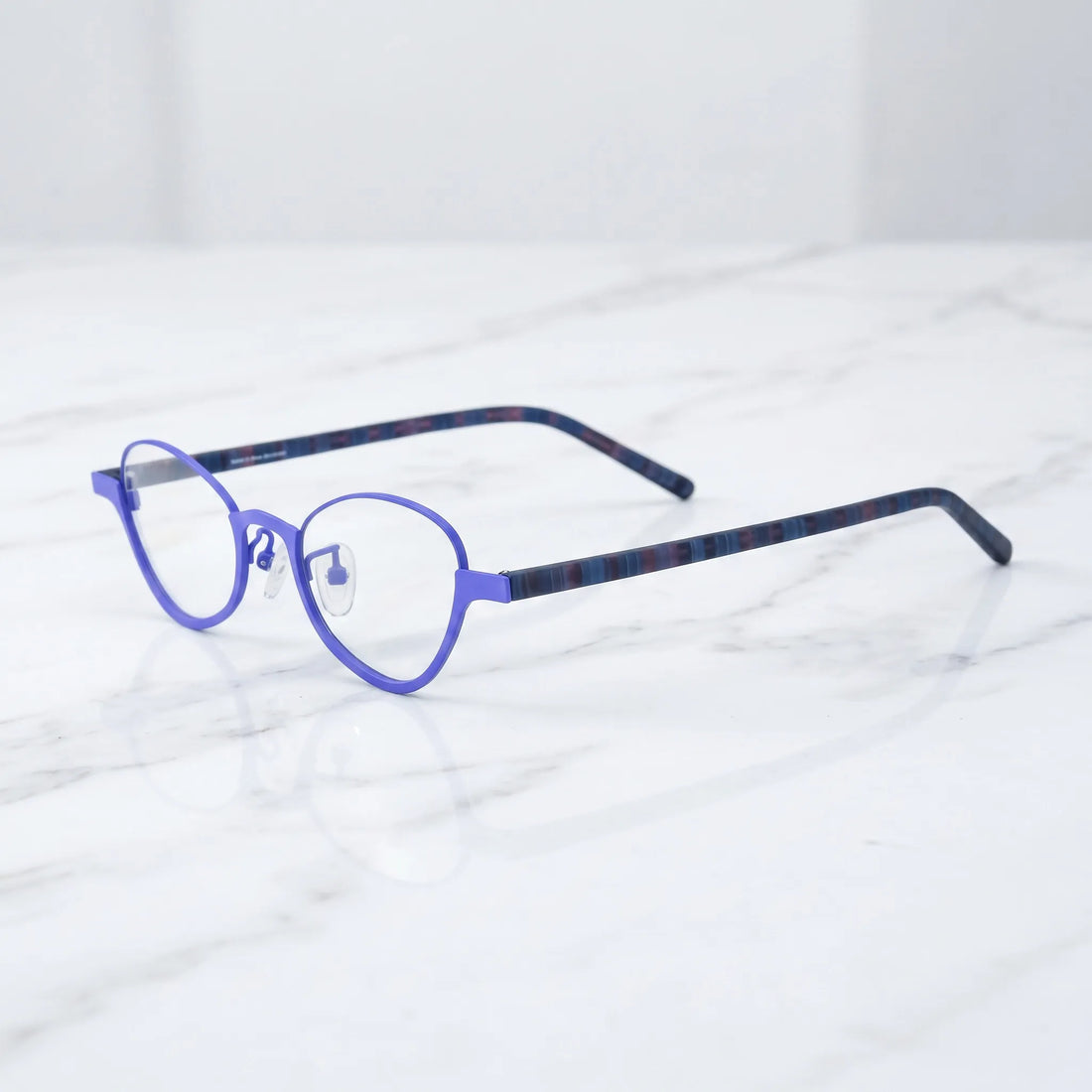 Barledear Cobalt Mosaic eyeglasses angled side view showing slim patterned temples nose pads and bridge detail