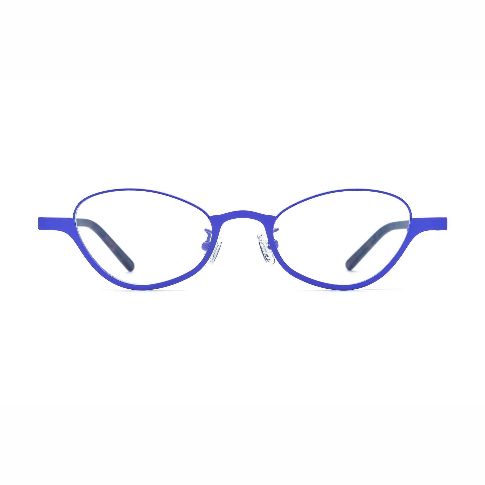 Barledear Cobalt Mosaic oval titanium eyeglasses front view with blue frame and dark patterned acetate temples