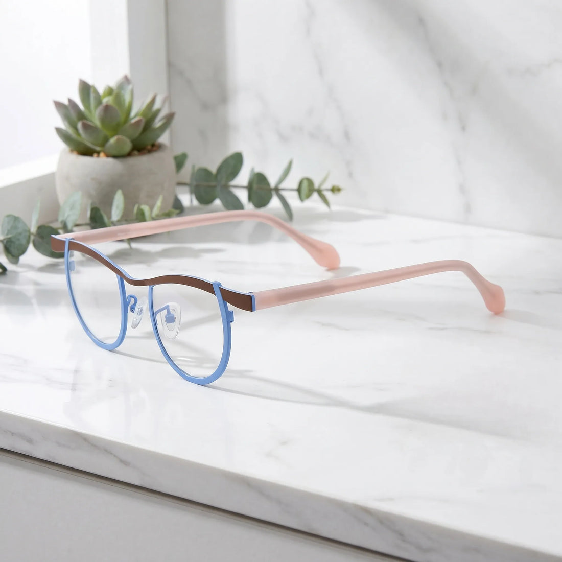Barledear Cocoa Sky Blush eyeglasses angled side view showing slim temples and bridge detail