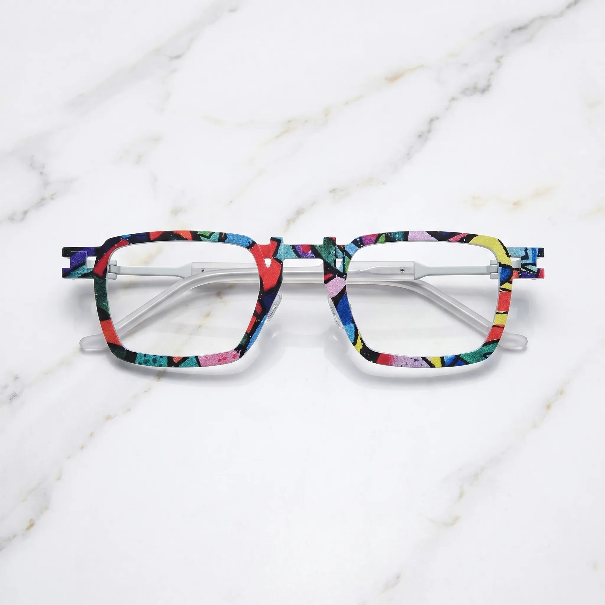 Barledear Confetti White Mosaic eyeglasses folded display showing pure titanium frame structure, white temples, and square full-rim design