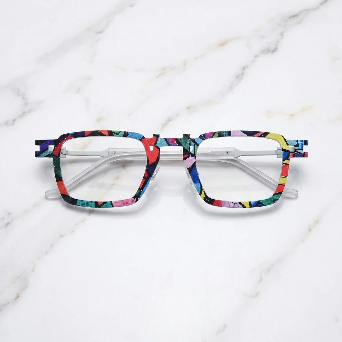 Barledear Confetti White Mosaic eyeglasses folded display showing pure titanium frame structure, white temples, and square full-rim design