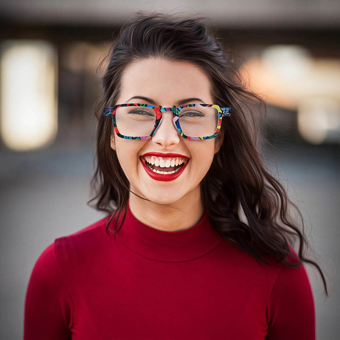 Model wearing Barledear Confetti White Mosaic geometric square titanium eyeglasses in a lifestyle portrait for colorful statement styling