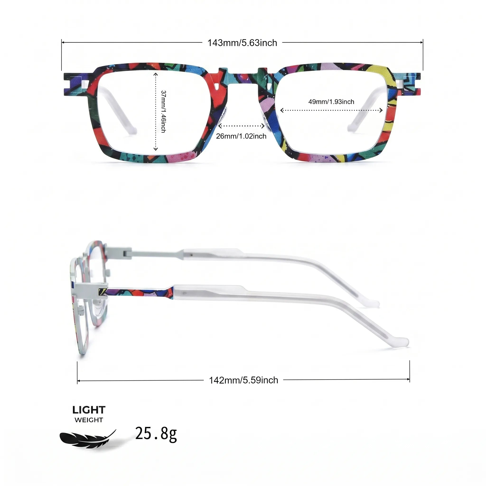 Barledear Confetti White Mosaic eyeglasses size chart showing 143 mm frame width, 49 mm lens width, 37 mm lens height, 26 mm bridge, and 142 mm temple length