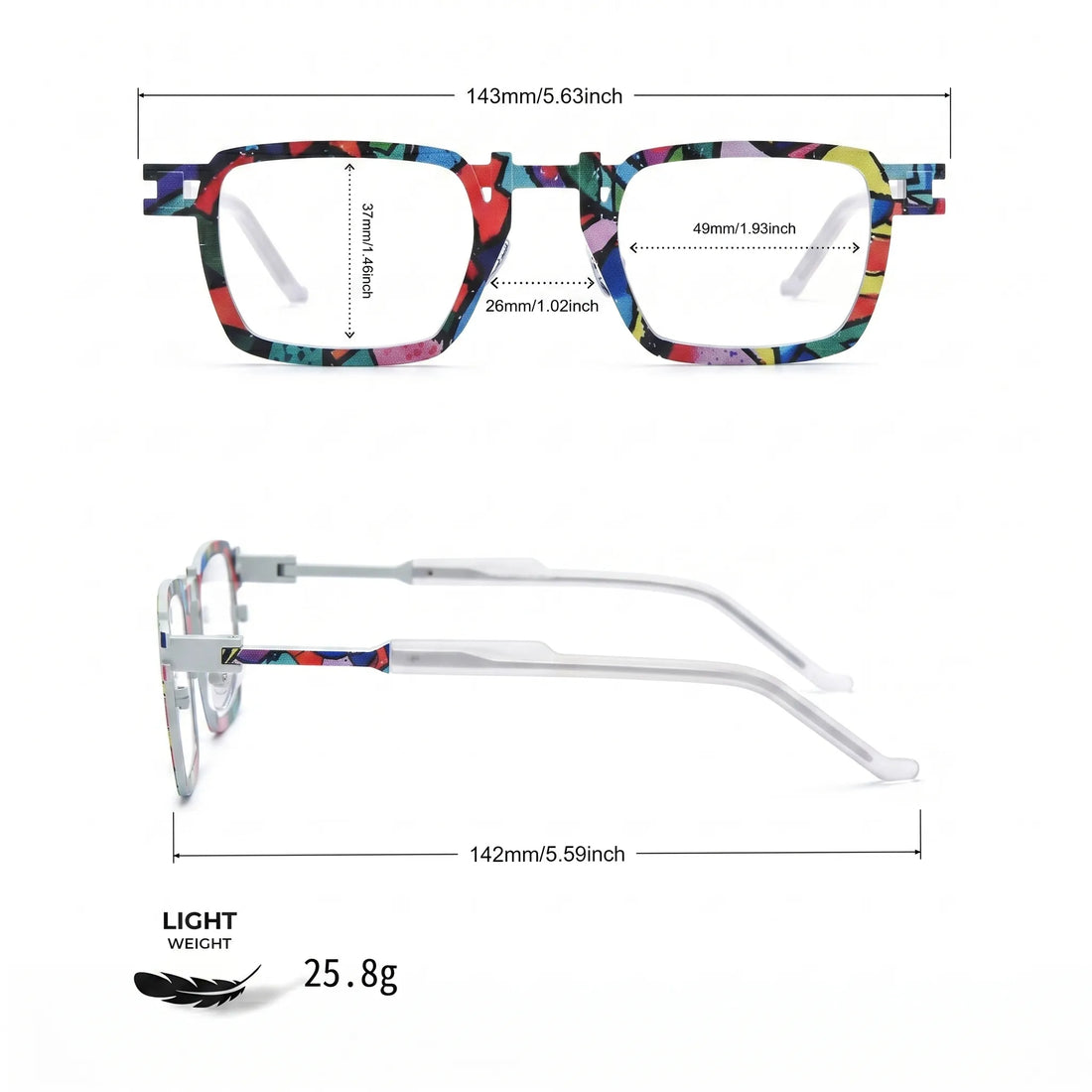 Barledear Confetti White Mosaic eyeglasses size chart showing 143 mm frame width, 49 mm lens width, 37 mm lens height, 26 mm bridge, and 142 mm temple length