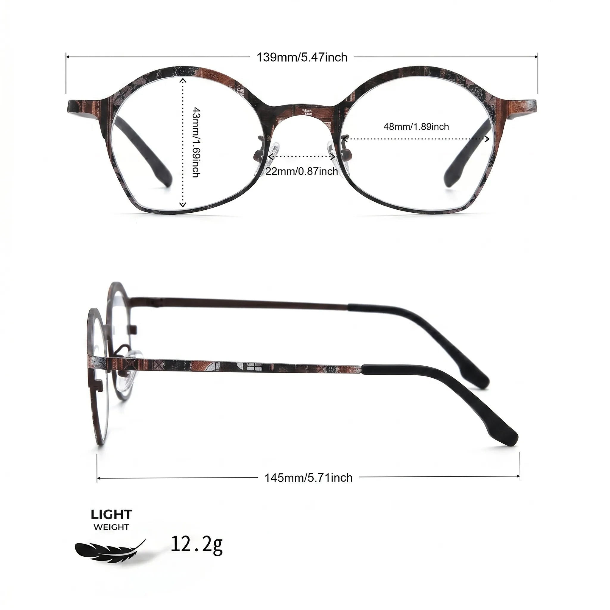 Barledear Copper Noir Brown eyeglasses size chart with 139mm frame width 48mm lens width 43mm frame height 22mm bridge and 145mm temple length