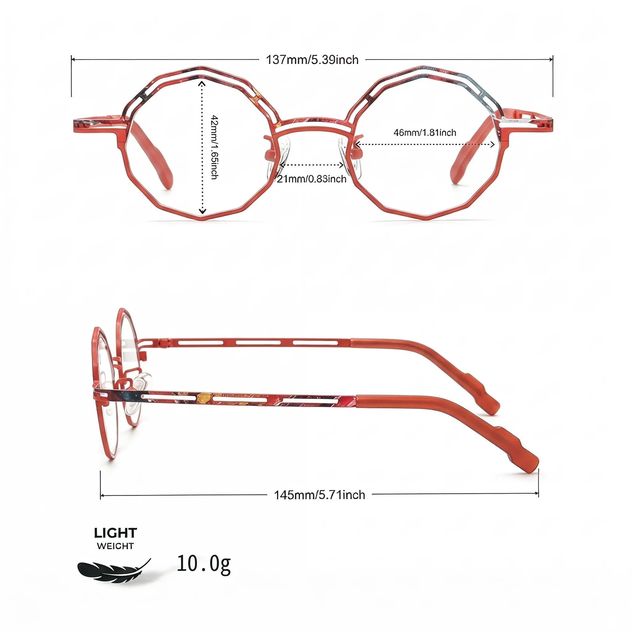 Barledear Coral Rouge eyeglasses size chart with 137mm frame width 46mm lens width 21mm bridge and 145mm temples