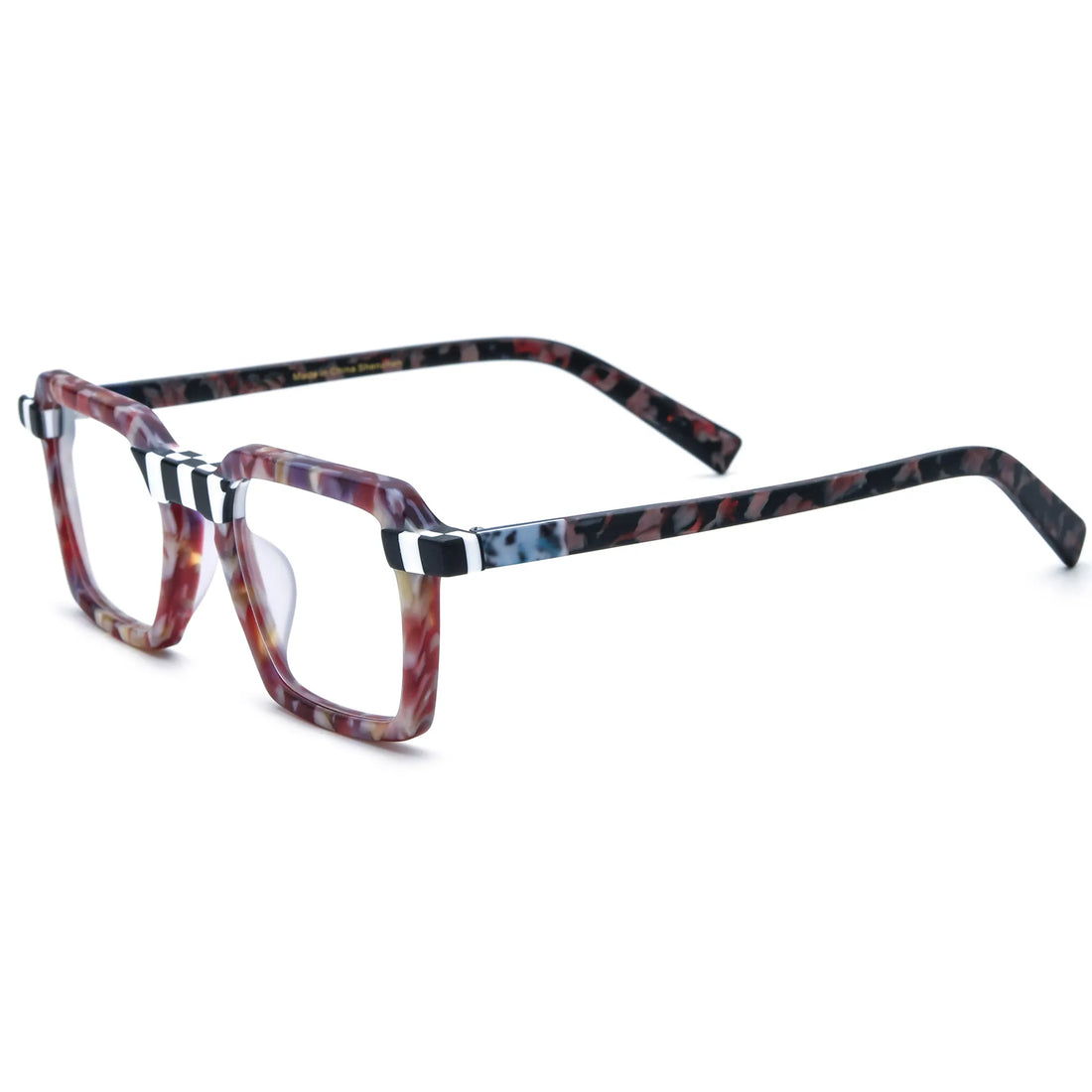 Barledear Crimson Checker Bloom square eyeglasses angled side view showing checkerboard accents and patterned temples