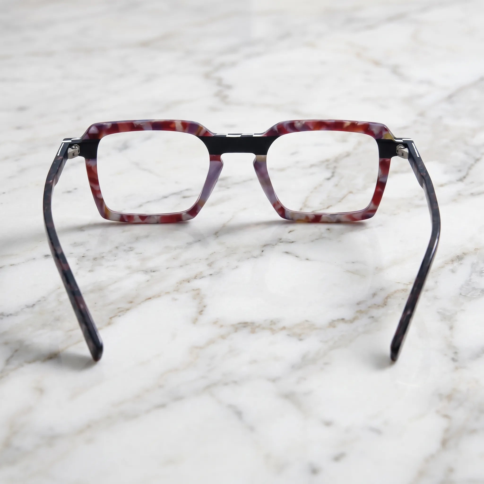 Barledear Crimson Checker Bloom eyeglasses back view showing the full-rim acetate construction and molded nose pads