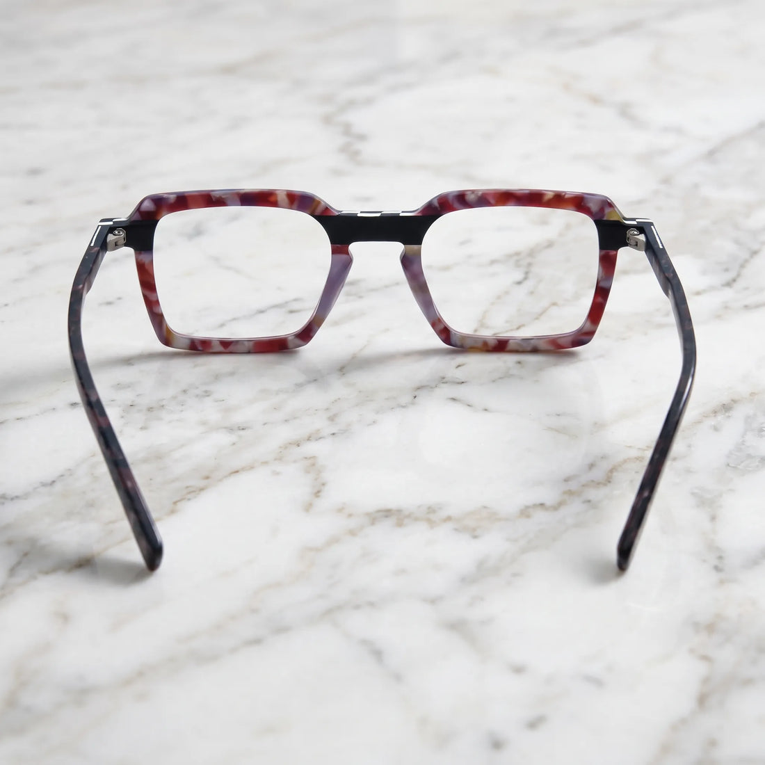 Barledear Crimson Checker Bloom eyeglasses back view showing the full-rim acetate construction and molded nose pads