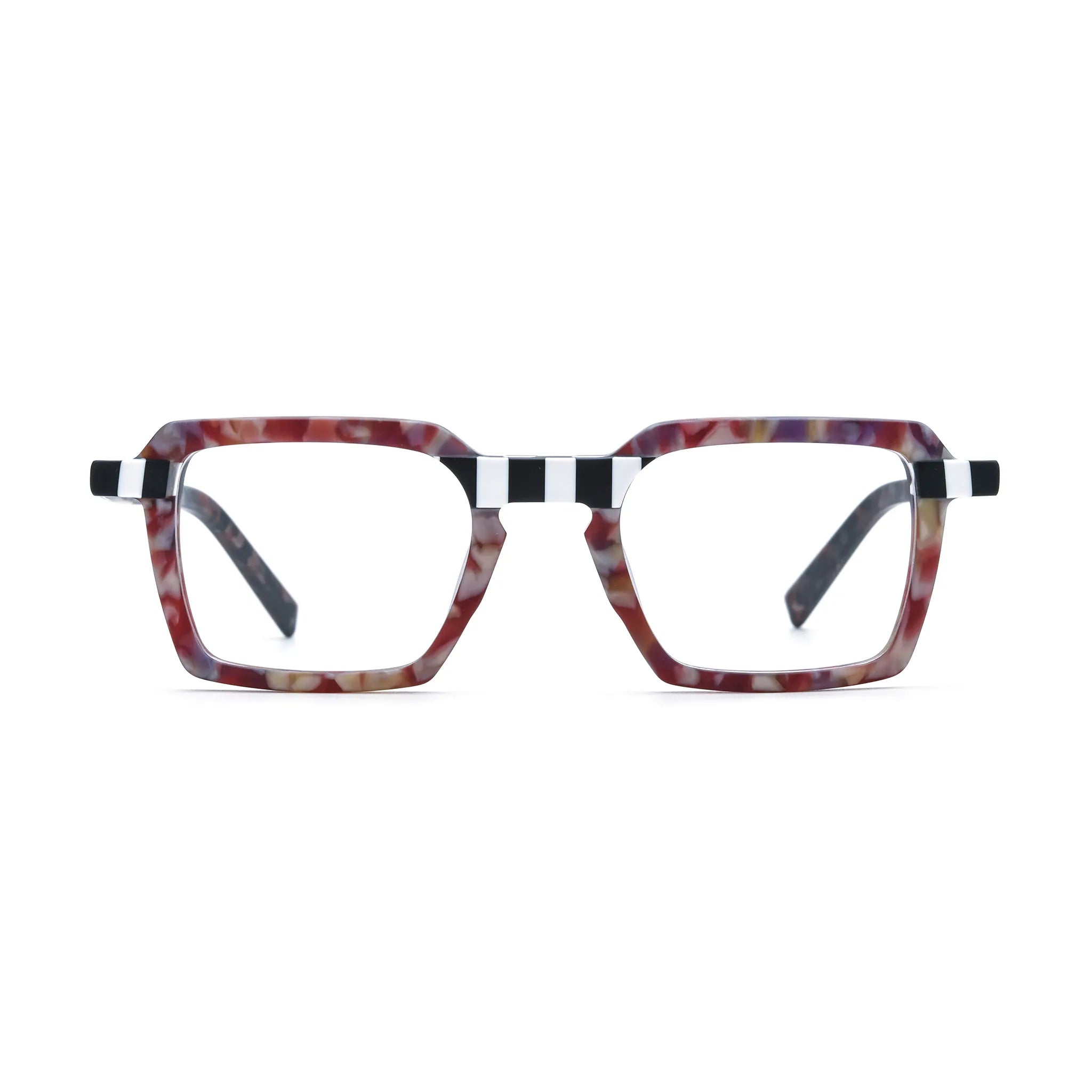 Barledear Crimson Checker Bloom square eyeglasses front view with red floral acetate and checkerboard accents