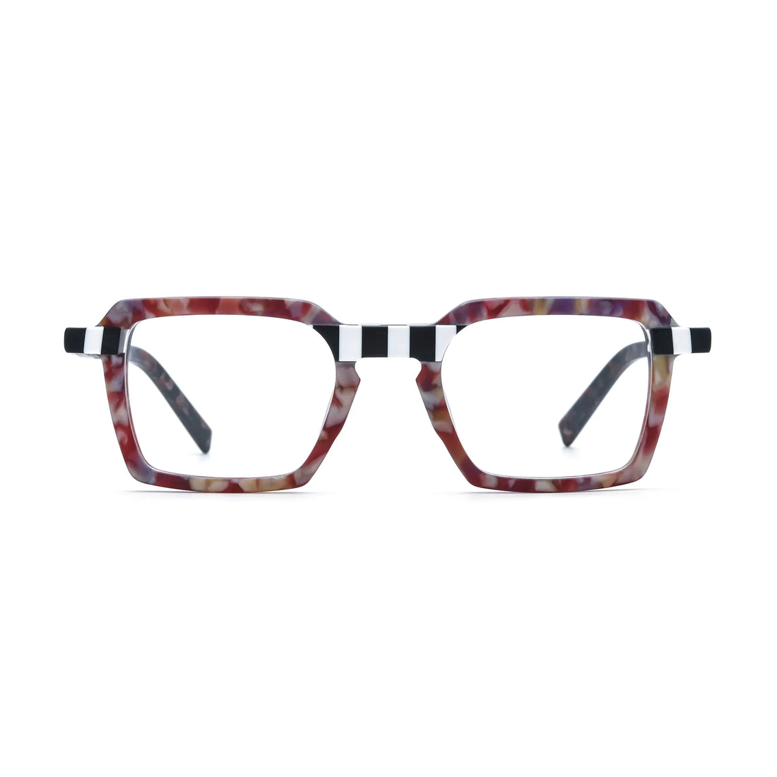 Barledear Crimson Checker Bloom square eyeglasses front view with red floral acetate and checkerboard accents