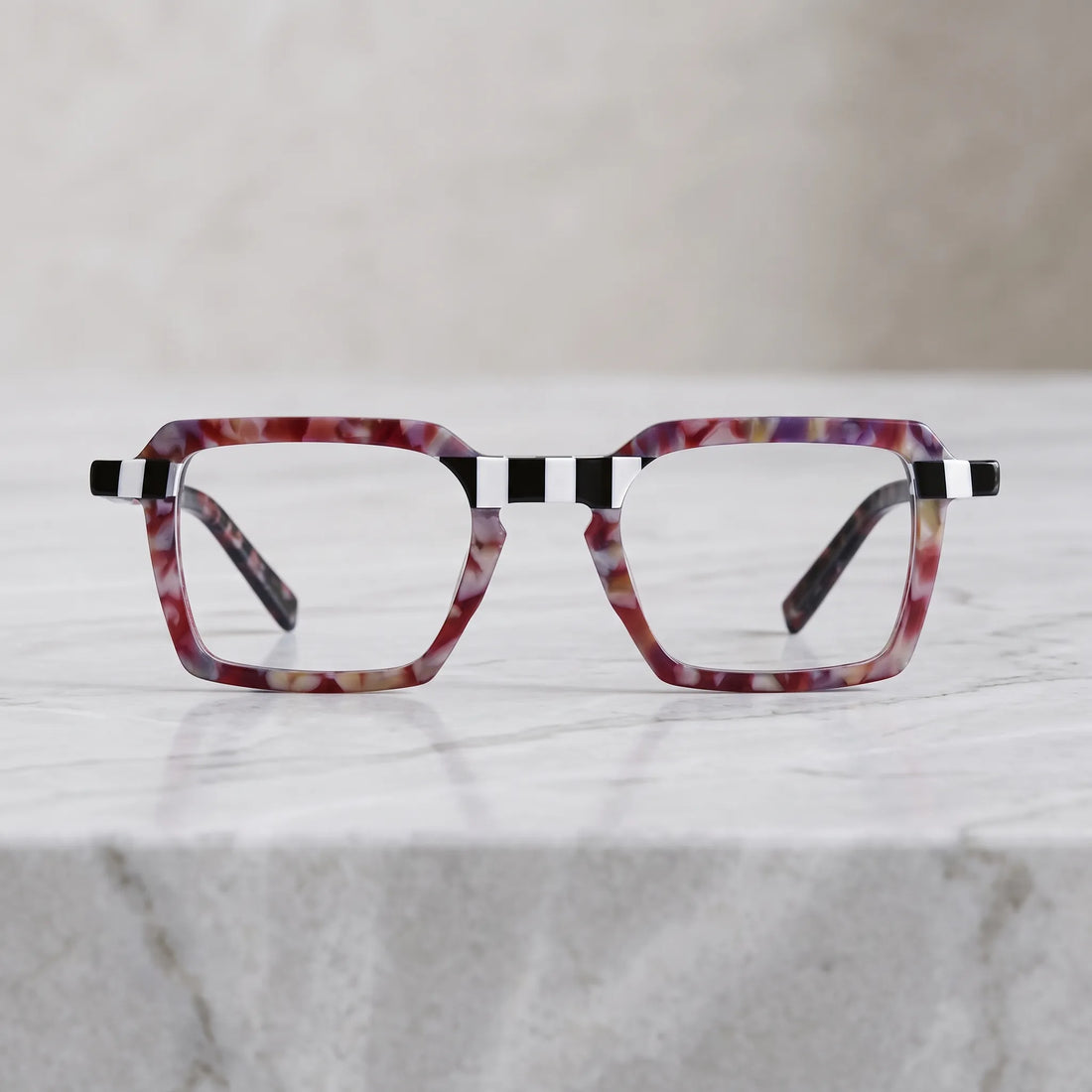 Barledear Crimson Checker Bloom eyeglasses shown in a clean lifestyle front view