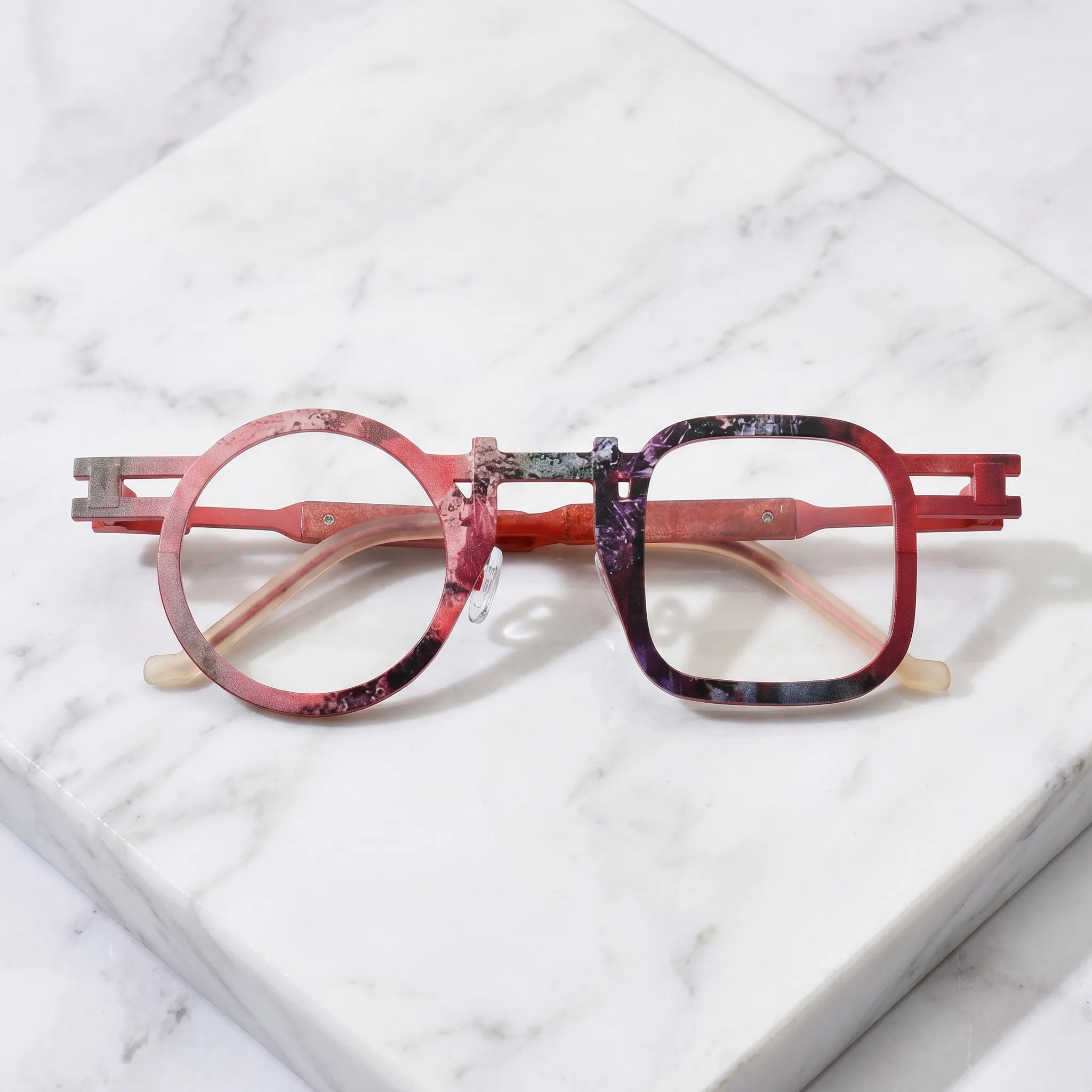 Barledear Crimson Fade eyeglasses folded display showing red slim temples and full-rim frame structure