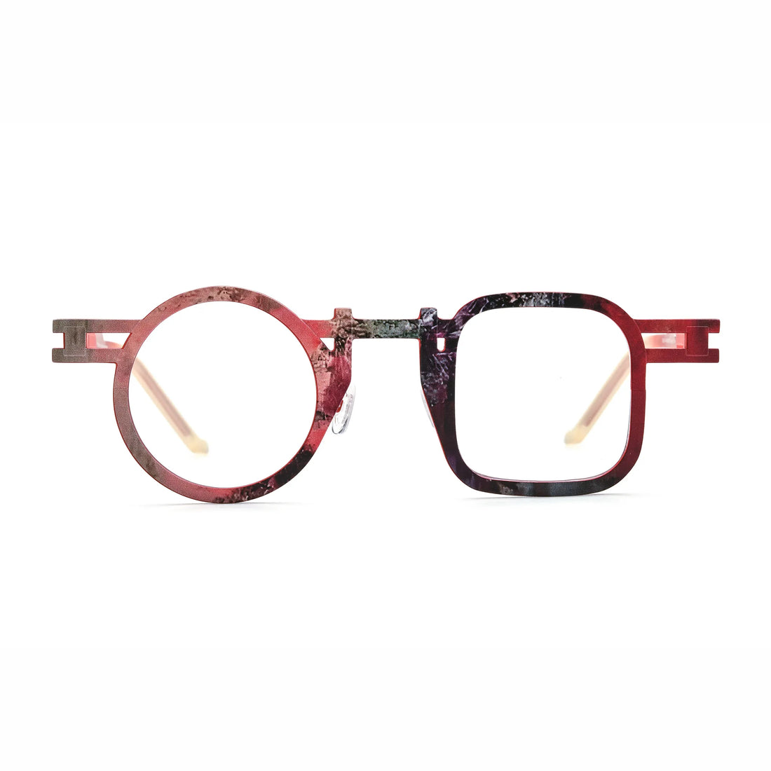 Barledear Crimson Fade eyeglasses front view with asymmetric round-square pure titanium full-rim frame