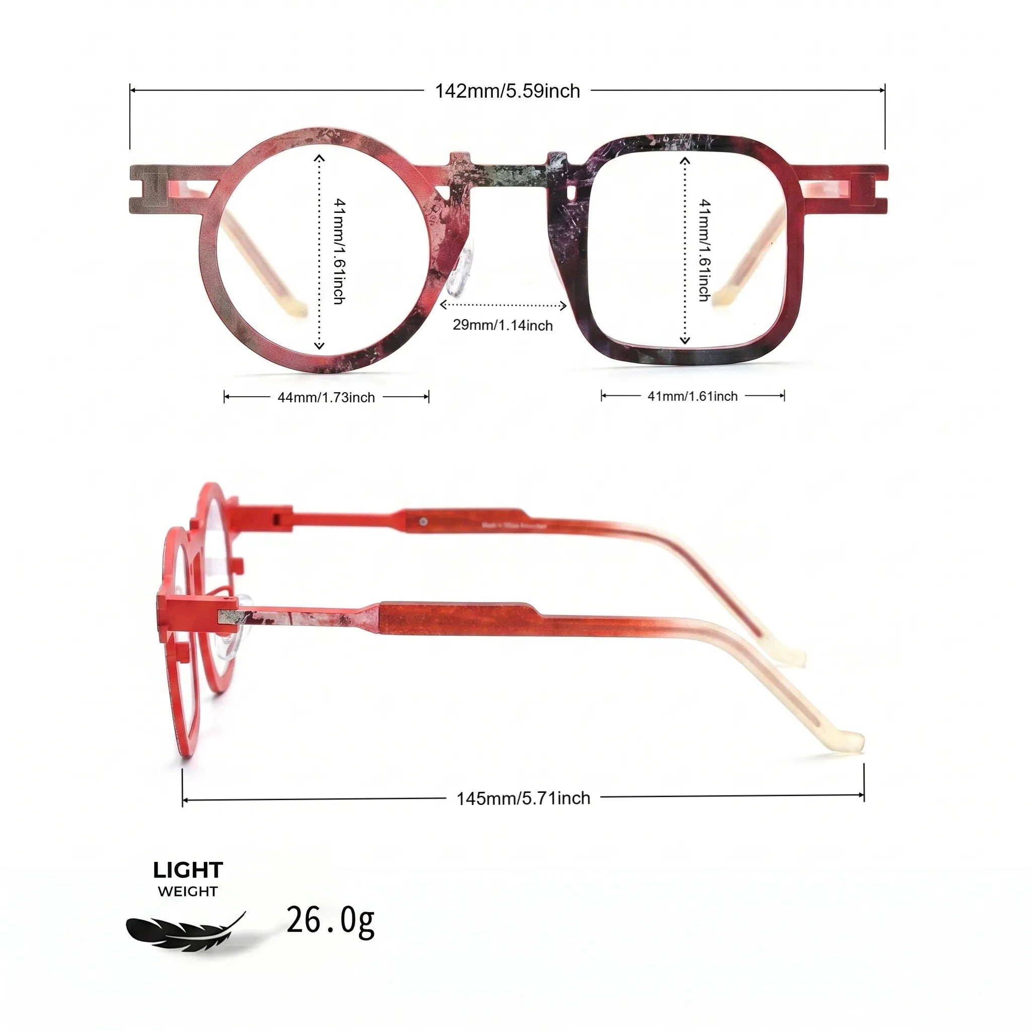 Barledear Crimson Fade eyeglasses size chart showing 142mm frame width, 44mm left lens width, 41mm right lens width, 41mm lens height, 29mm bridge, and 145mm temple