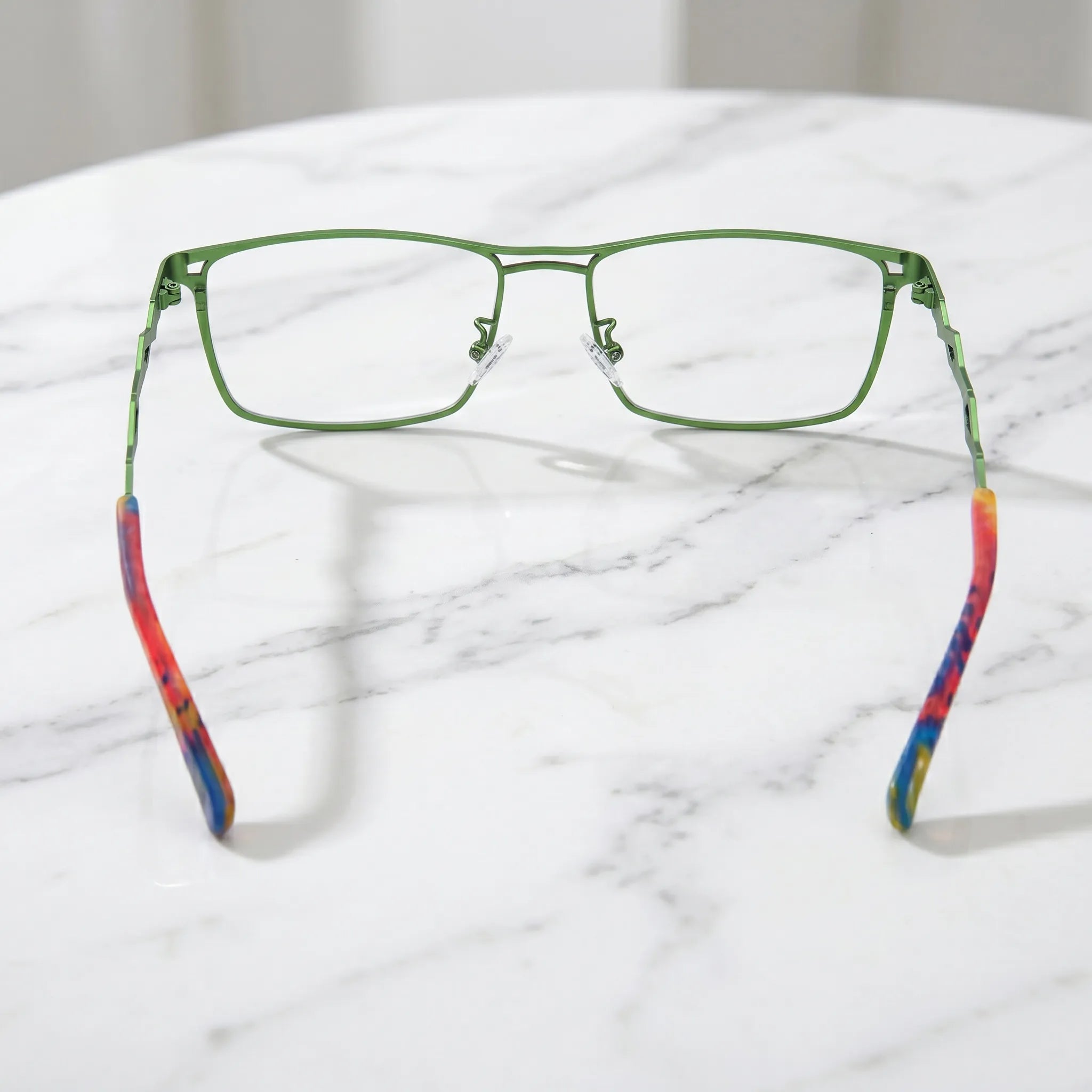 Barledear Crimson Meadow Green eyeglasses back view showing adjustable nose pads, full-rim square frame, and color-block temples